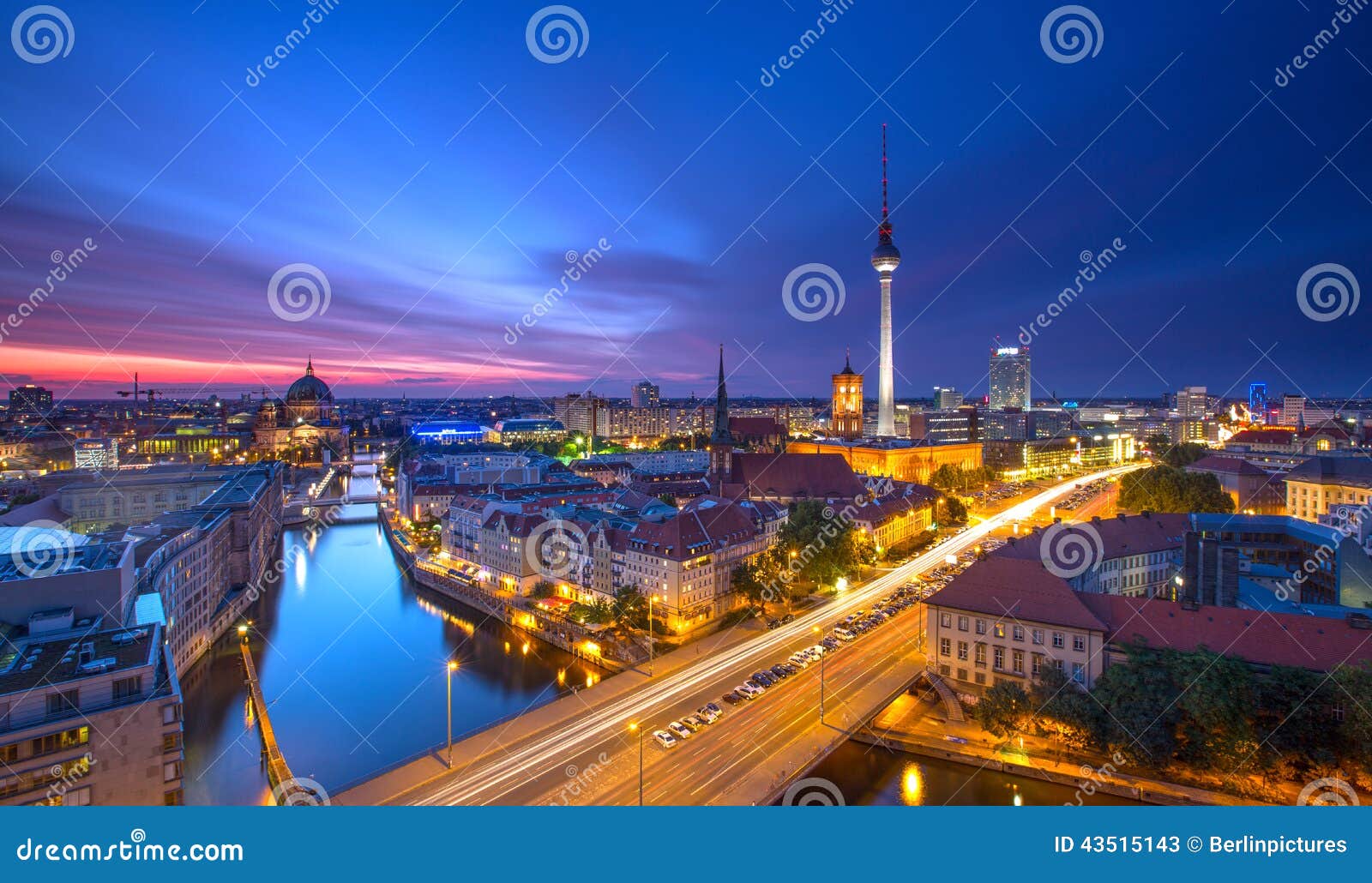 berlin skyline city panorama with blue sky sunset and traffic - famous landmark in berlin, germany, europe