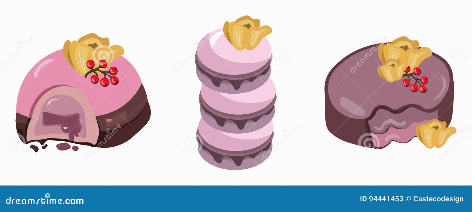 Berry Mousse Macarons And Delicious Cake Sweet Dessert Lavender Flavors Vector Illustration Stock Vector Illustration Of Bakery Carnival 94441453