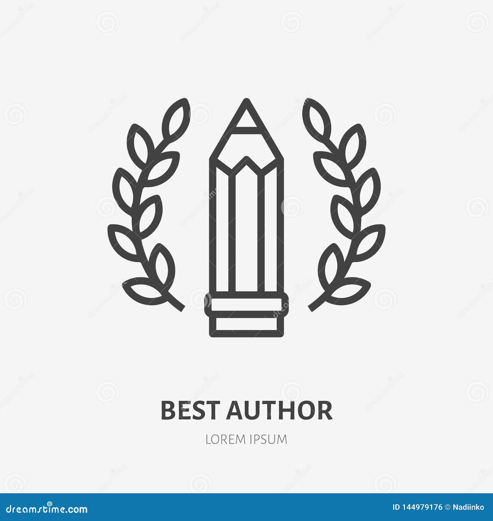 best author achievement flat line icon. pen with wreath  . thin sign for literary, grammar contest