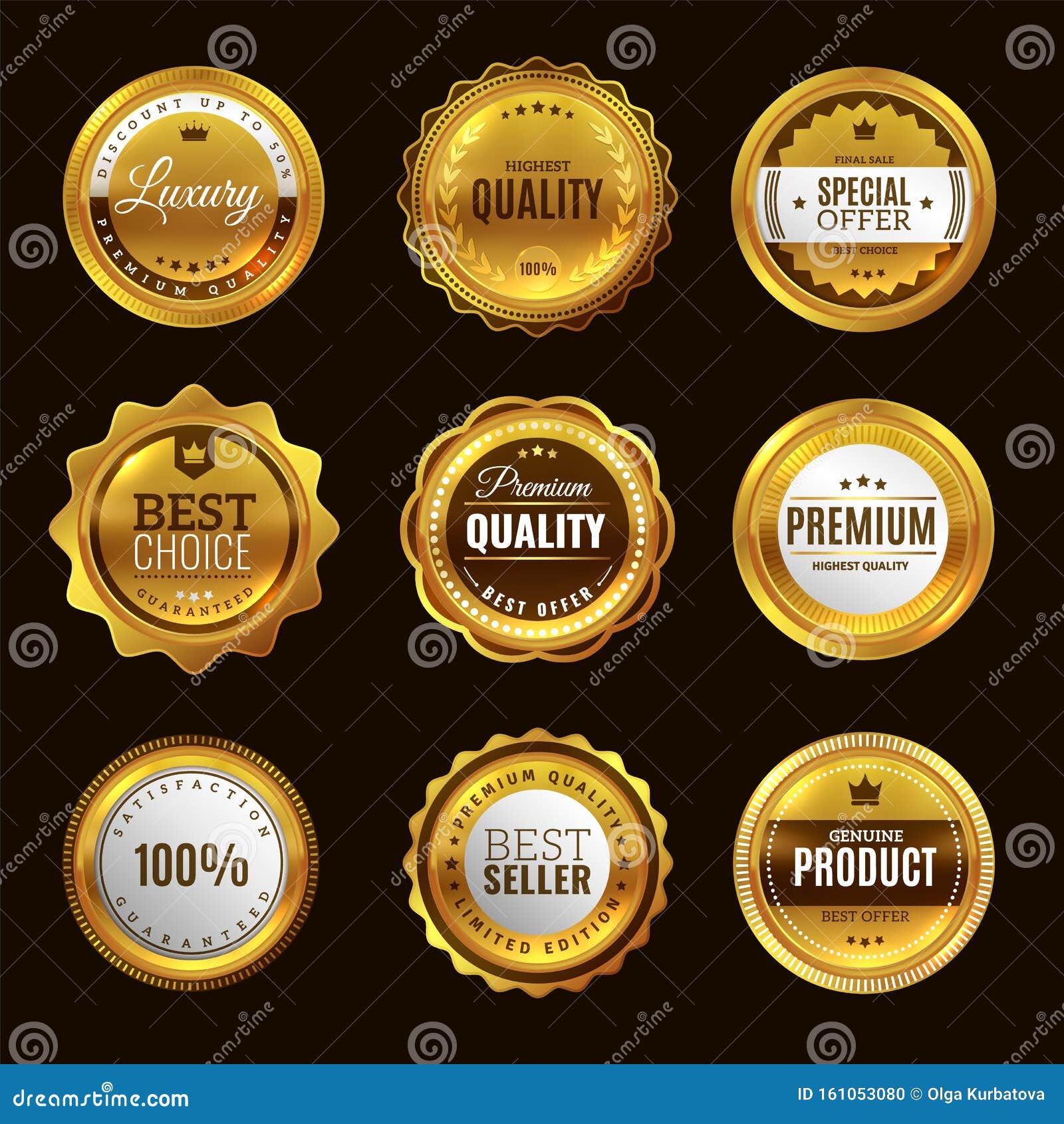 best certification golden sign. gold  premium award emblem medals and round labels stamp  elegant set