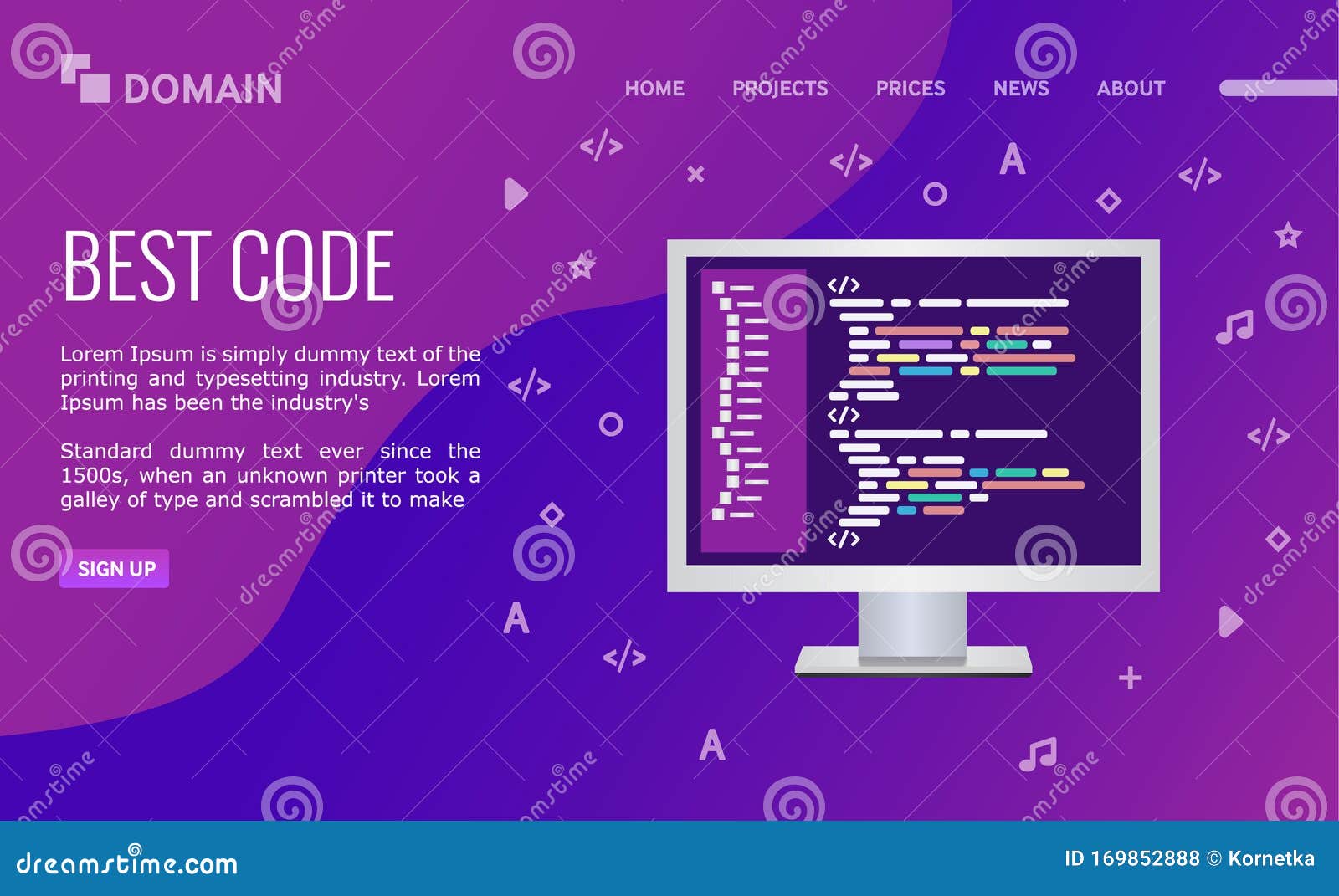 Best Code. Landing Page Design. Personal Computer With Program Code. Stock Vector Illustration