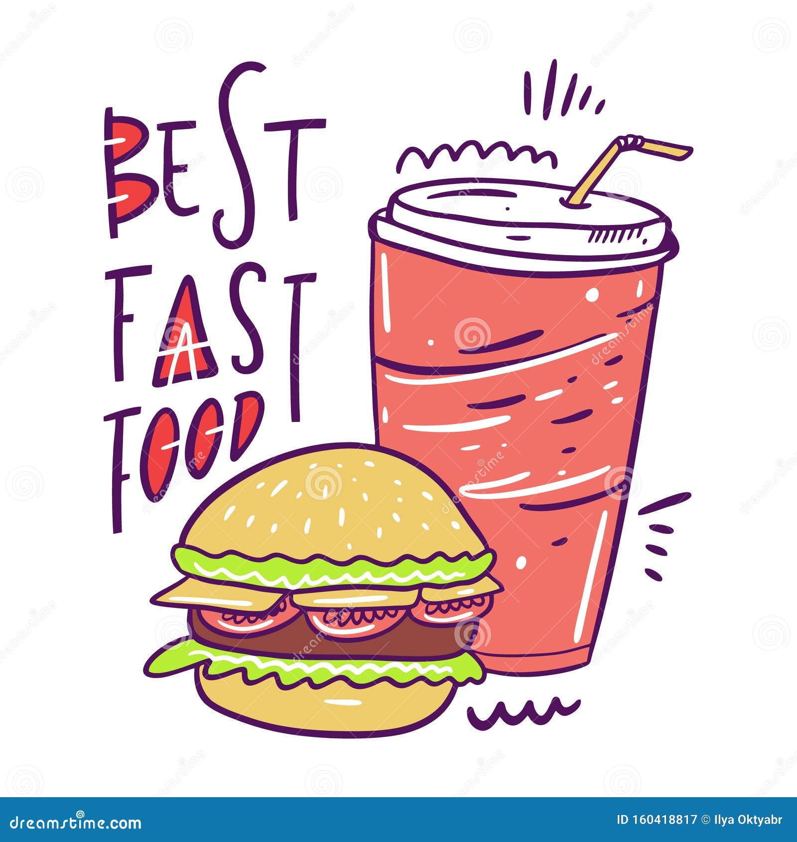 Best Fast Food Burger And Cold Drink Hand Drawn Vector