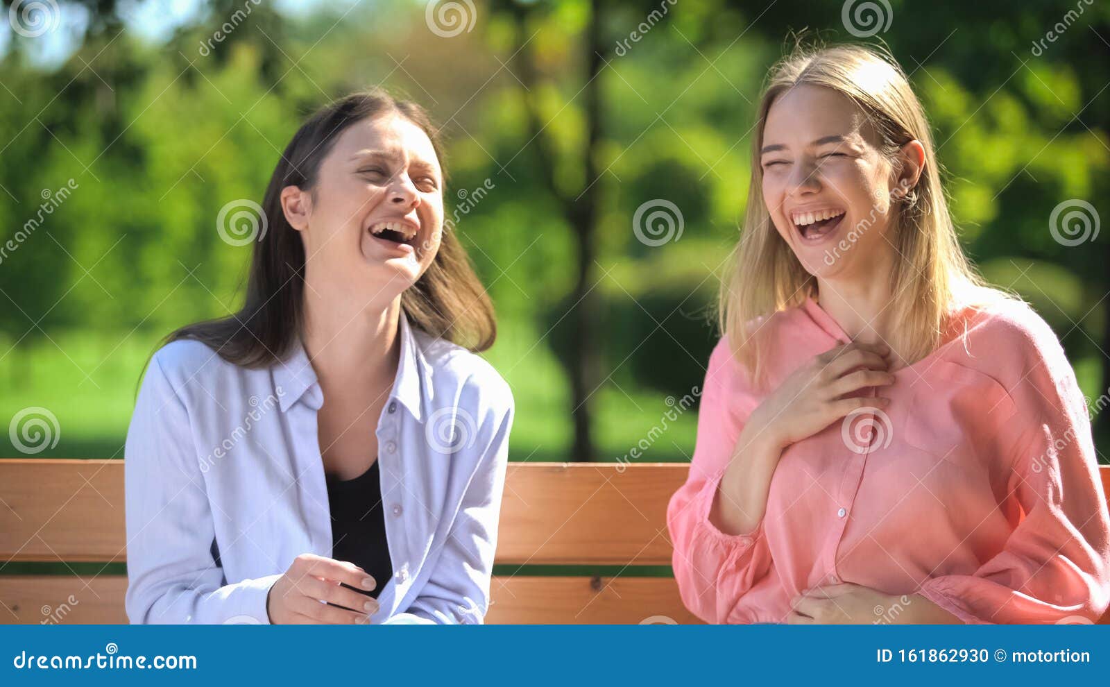 Best Female Friends Smiling Spending Time On Bench Park Friendship