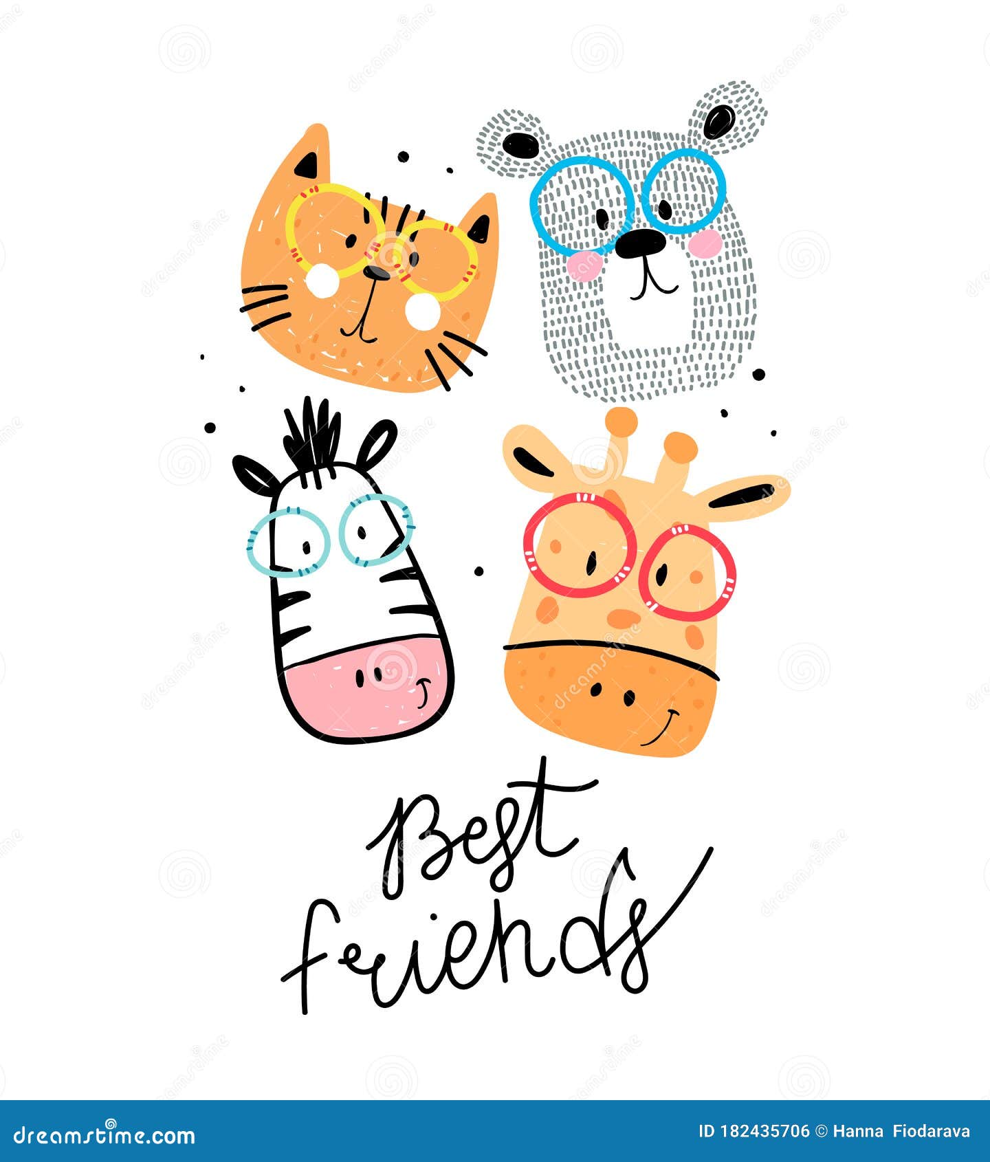 Best Friends. Cute Cartoon Animals, Hand Drawing Lettering. Flat Style,  Colorful Vector Illustration for Kids Stock Vector - Illustration of card,  background: 182435706