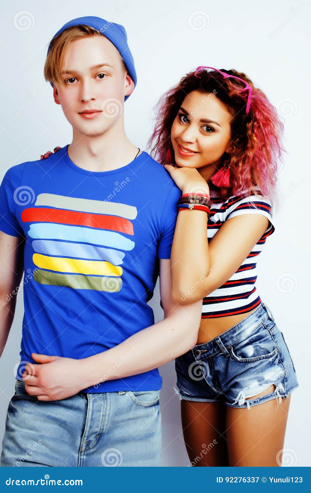 best friends teenage girl boy together having fun posing emotional white background couple happy smiling lifestyle people 92276337