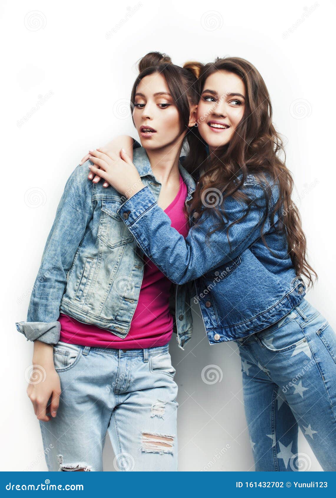 Best friends teenage girls together having fun, posing emotional on white  background, besties happy smiling, lifestyle people concept close up.  making selfie Stock Photo by ©iordani 183169286