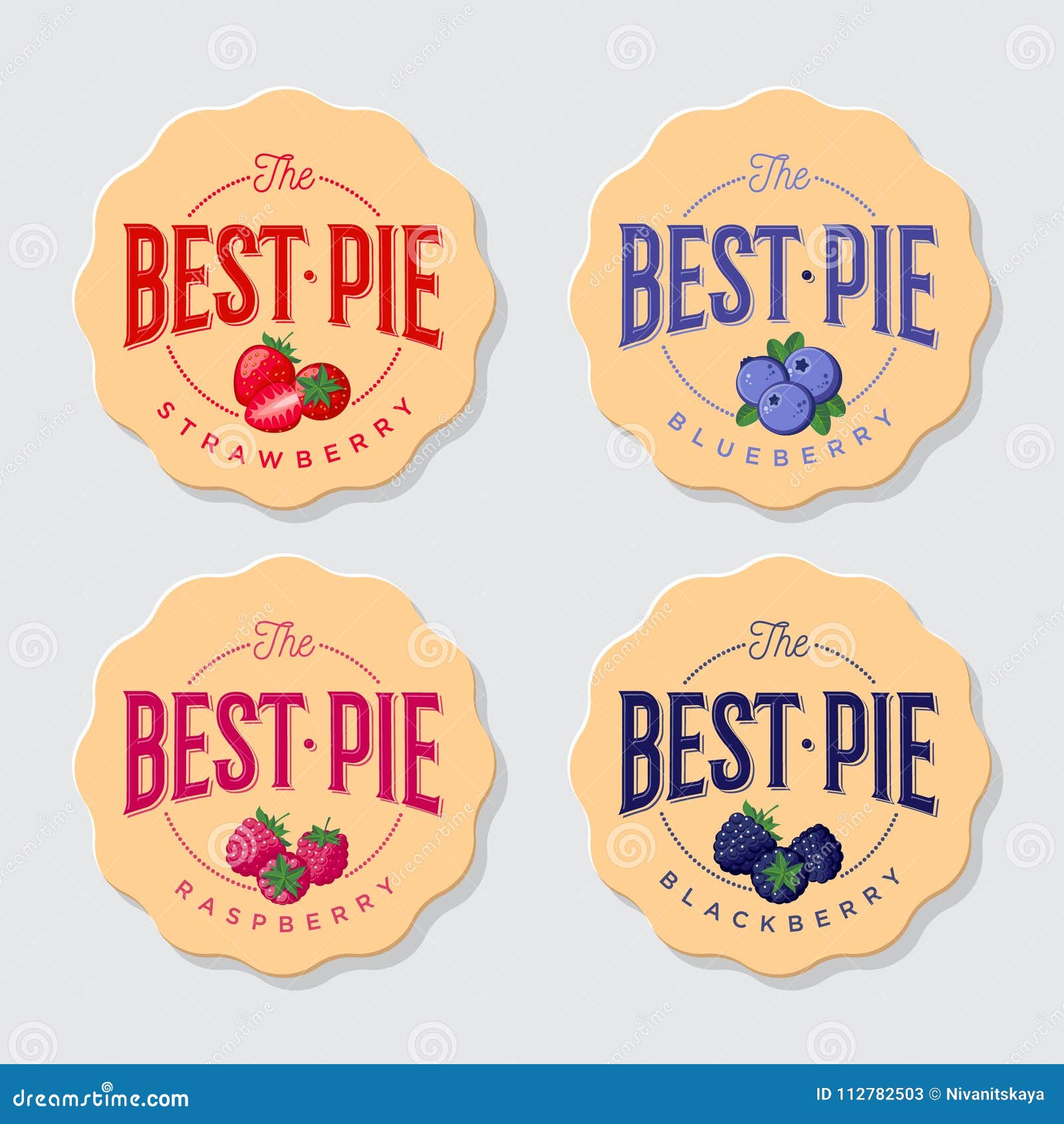 Best Pie Logo. 4 Pie Labels. Pie with Strawberry, Blueberry, Blackberry