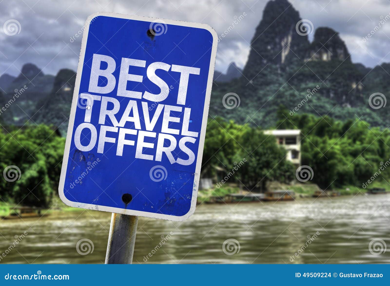 best travel offers sign with a forest background