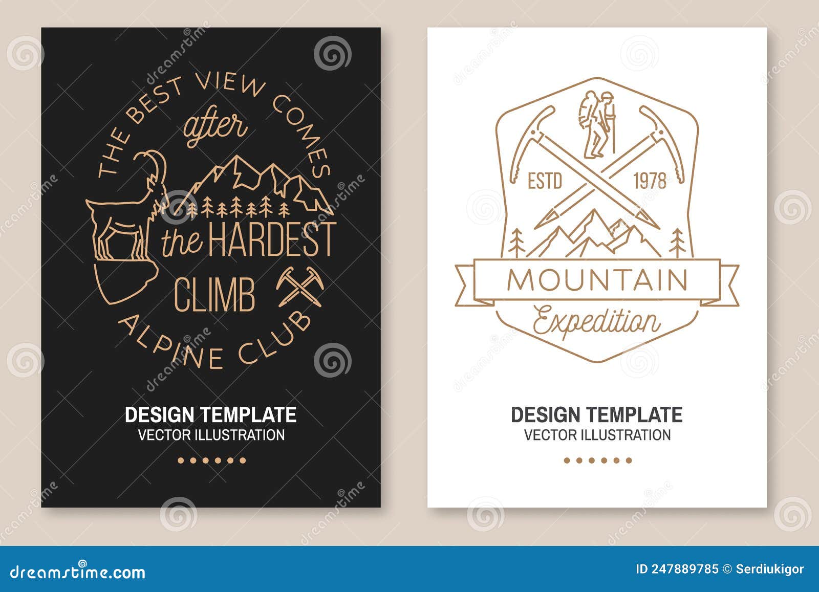 the best view comes after the hardest climb. alpine club badge. set of line art flyer, brochure, banner, poster with ice