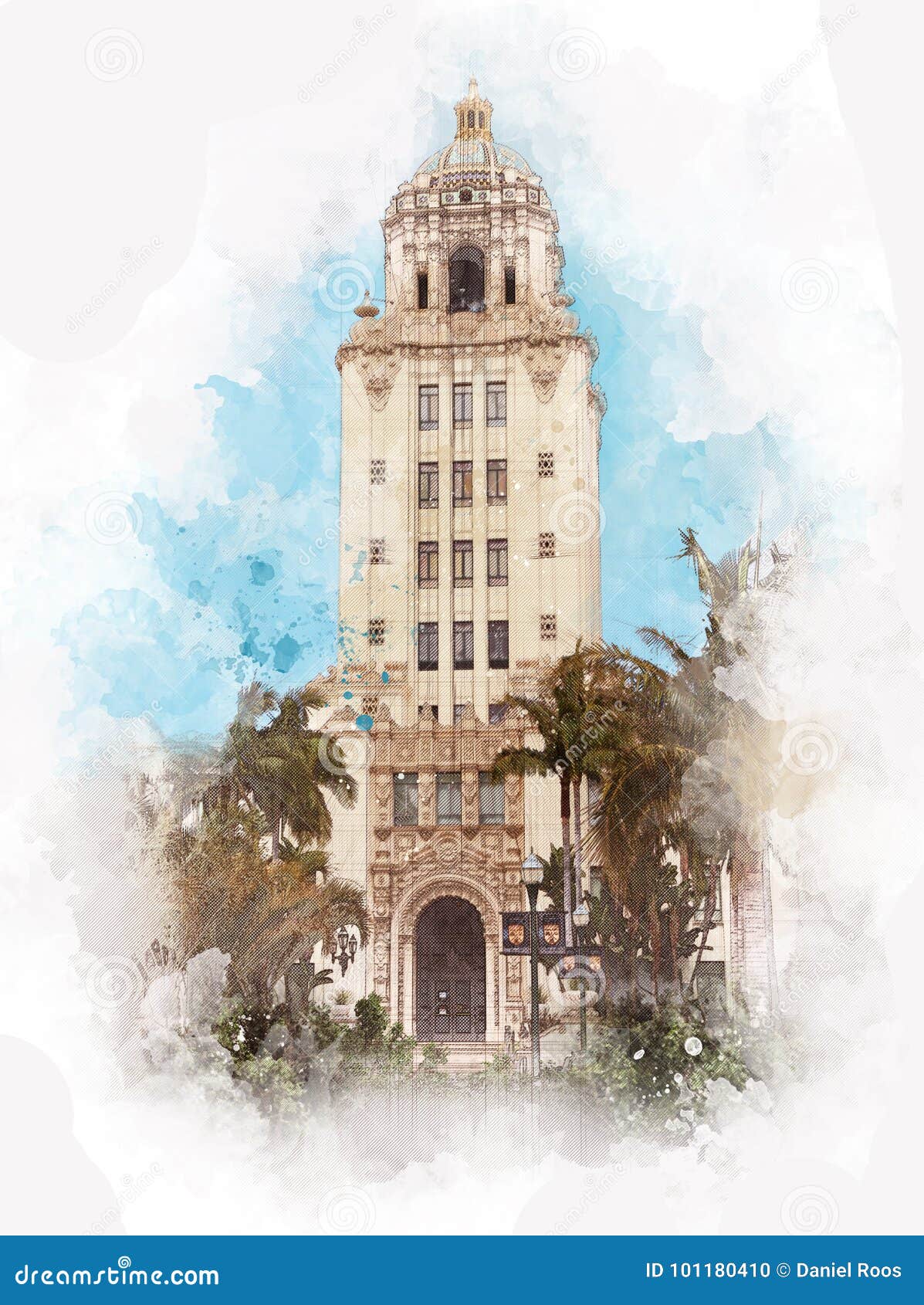 Image of Art Deco retro style architecture of the Beverly Hills Civic
