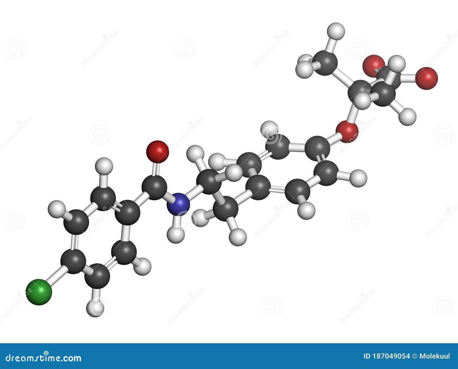 bezafibrate hyperlipidemia drug molecule (fibrate class). 3d rendering. atoms are represented as spheres with conventional color