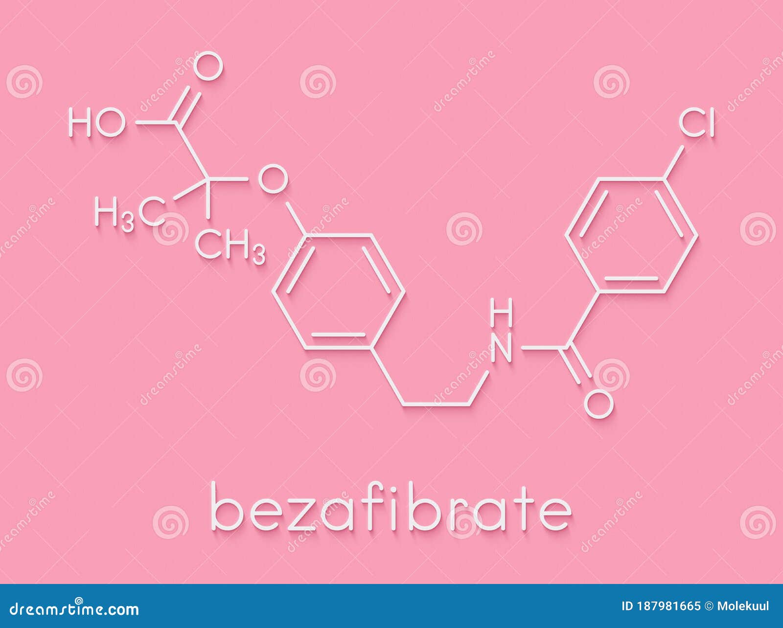 bezafibrate hyperlipidemia drug molecule fibrate class. skeletal formula.