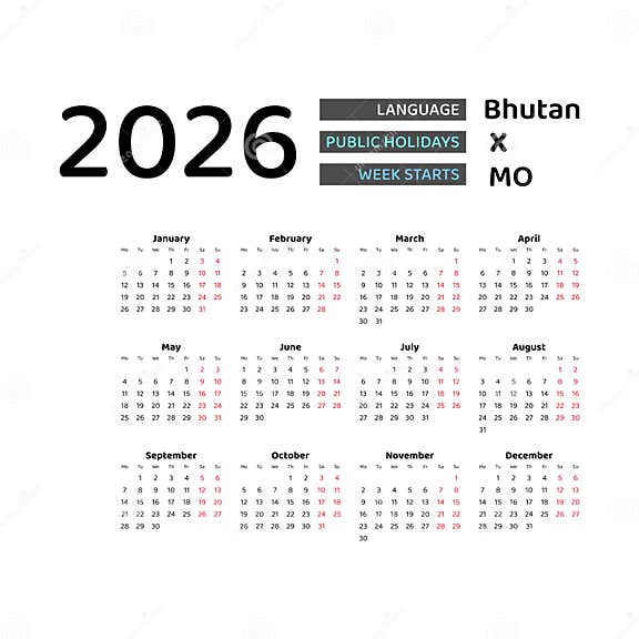 Bhutan Calendar 2026. Week Starts from Monday. Vector Graphic Design