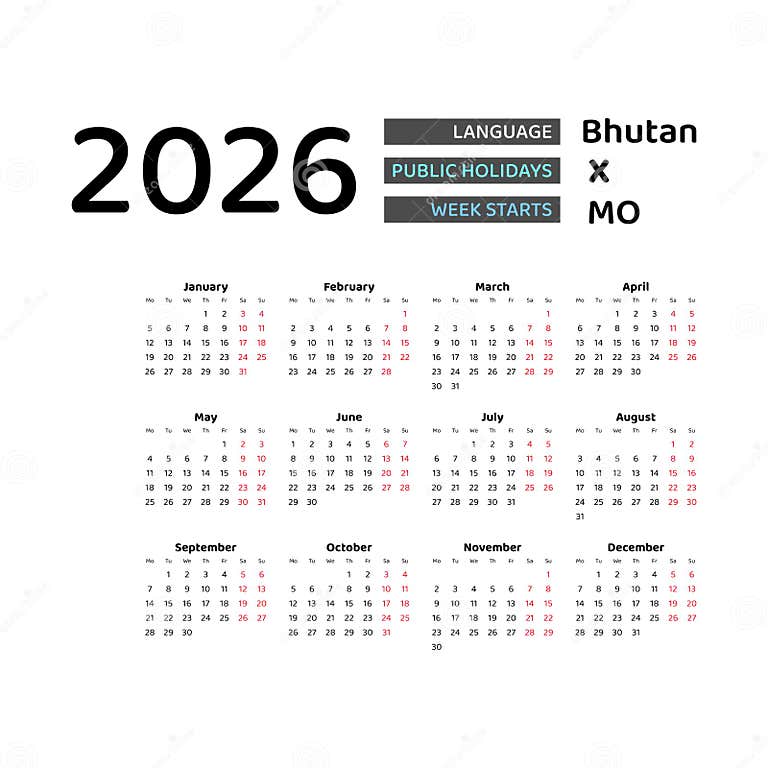 Bhutan Calendar 2026. Week Starts from Monday. Vector Graphic Design