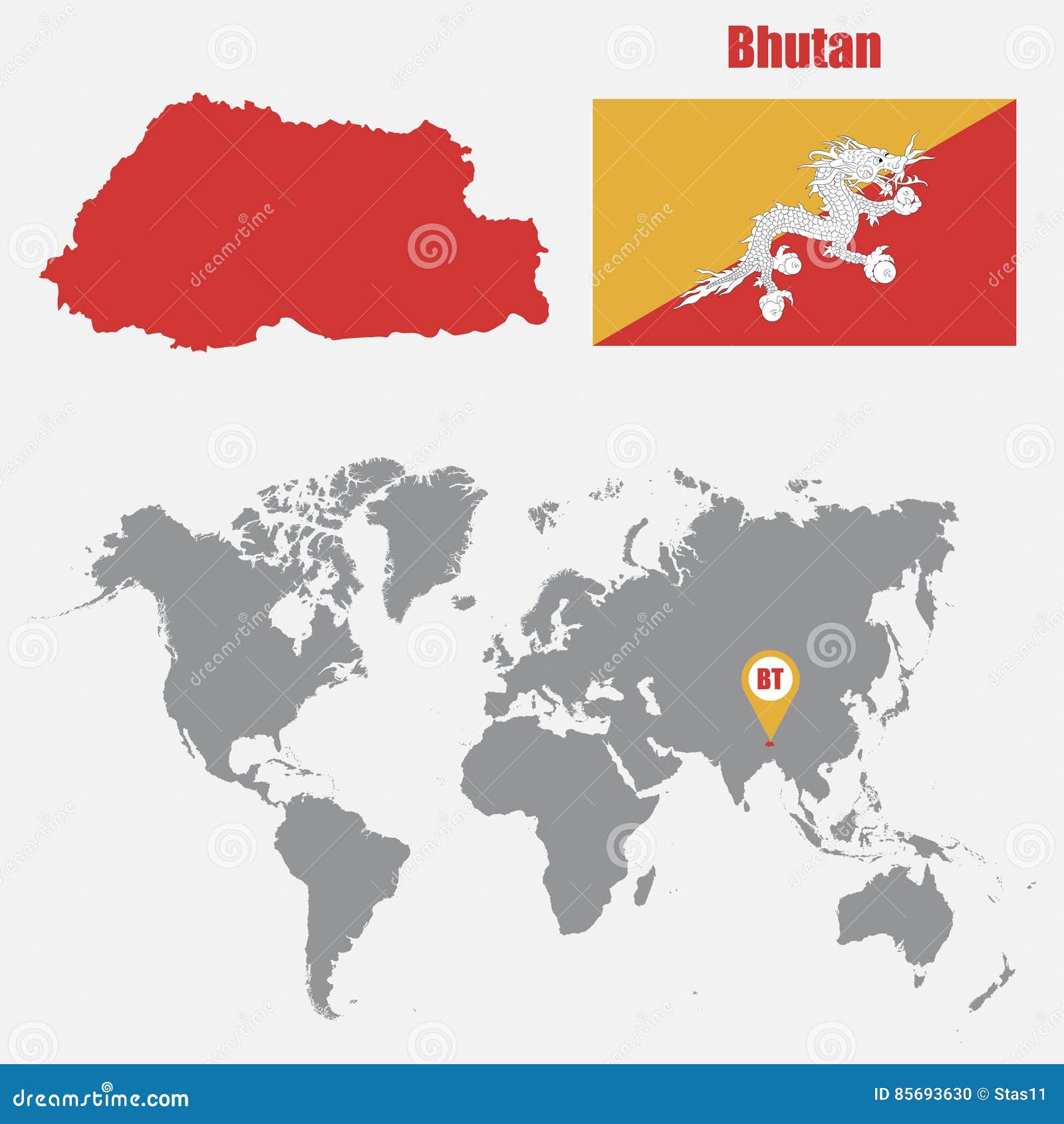 Bhutan Map on a World Map with Flag and Map Pointer. Vector 