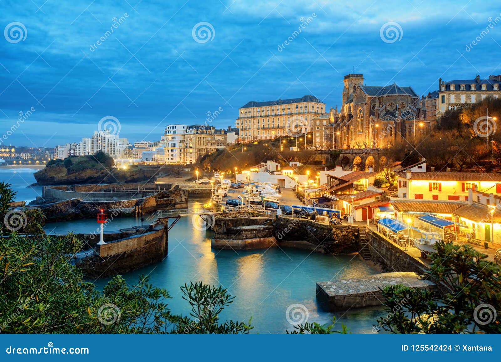 biarritz old town, basque country, france, at night