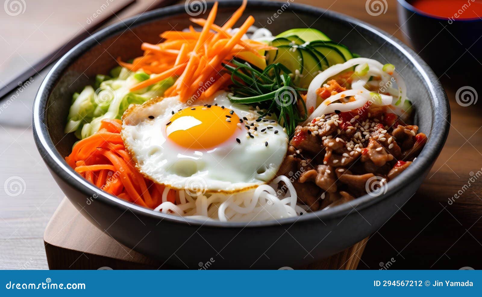 Bibimbap Rice Noodles with Meat, Vegetables and Fried Egg Stock