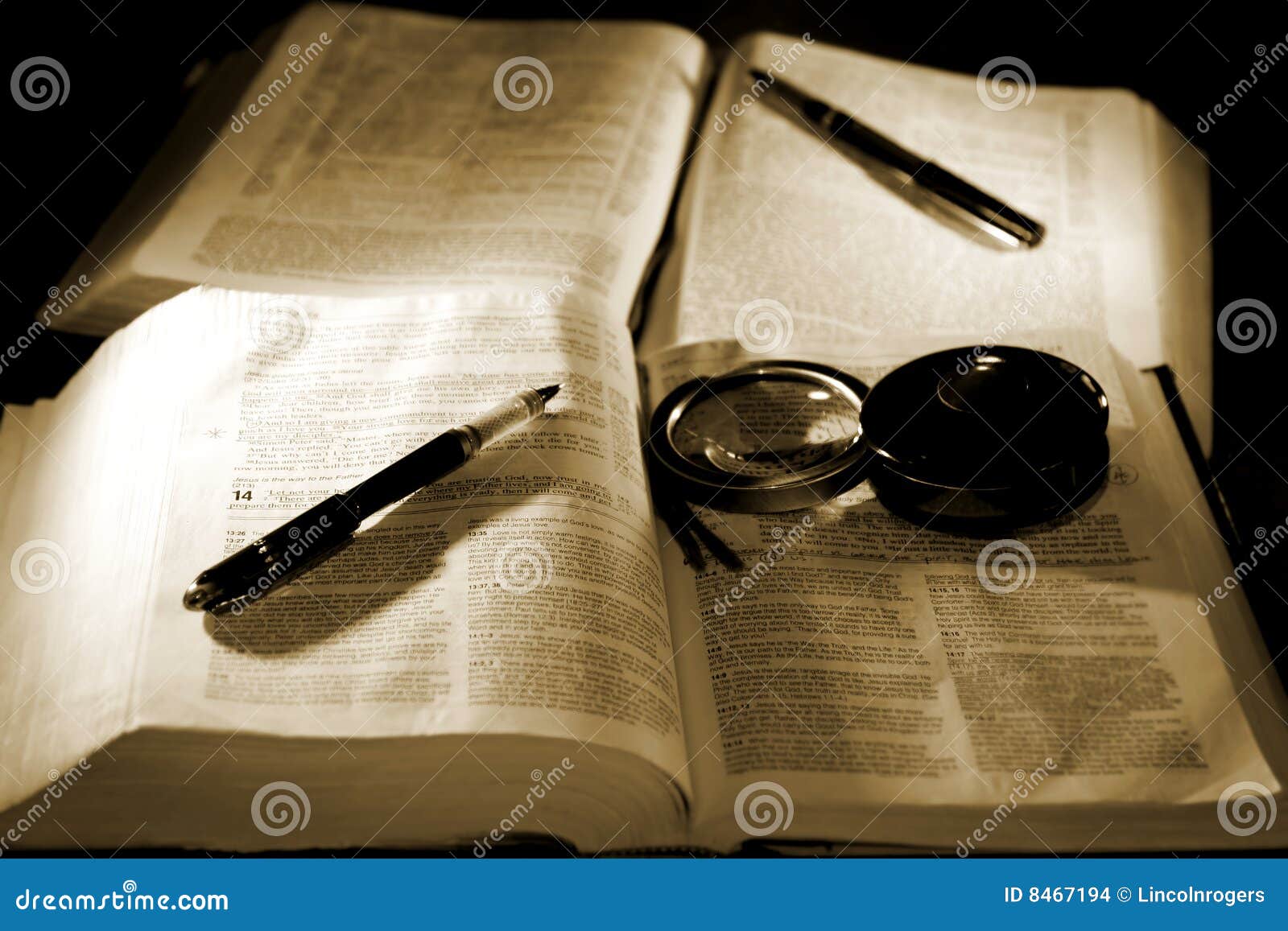 bibles with pens for studying (sepia)