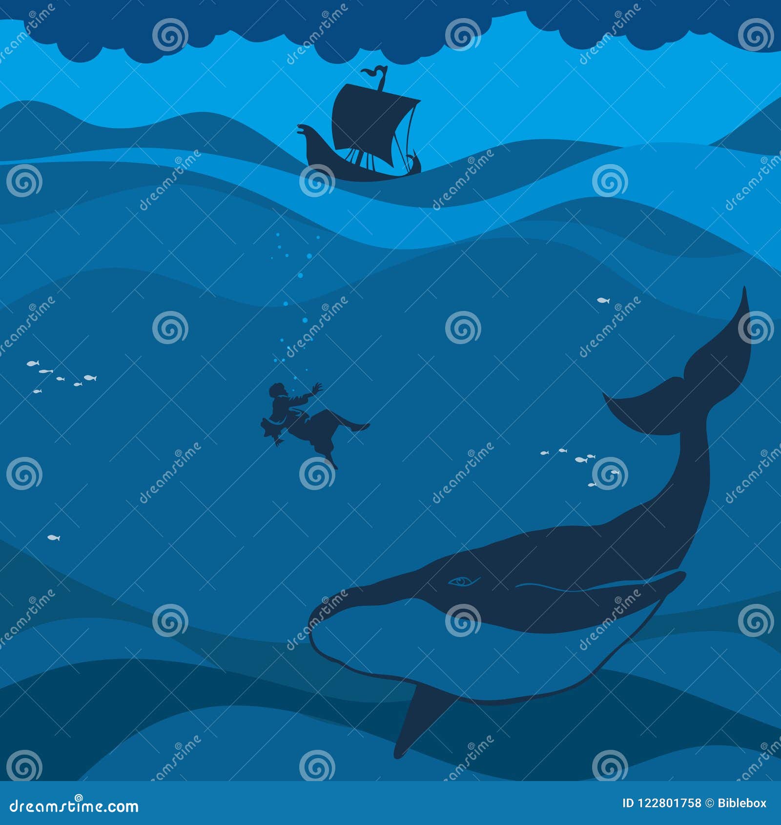 biblical . jonah in the sea abyss, the whale swallowed it