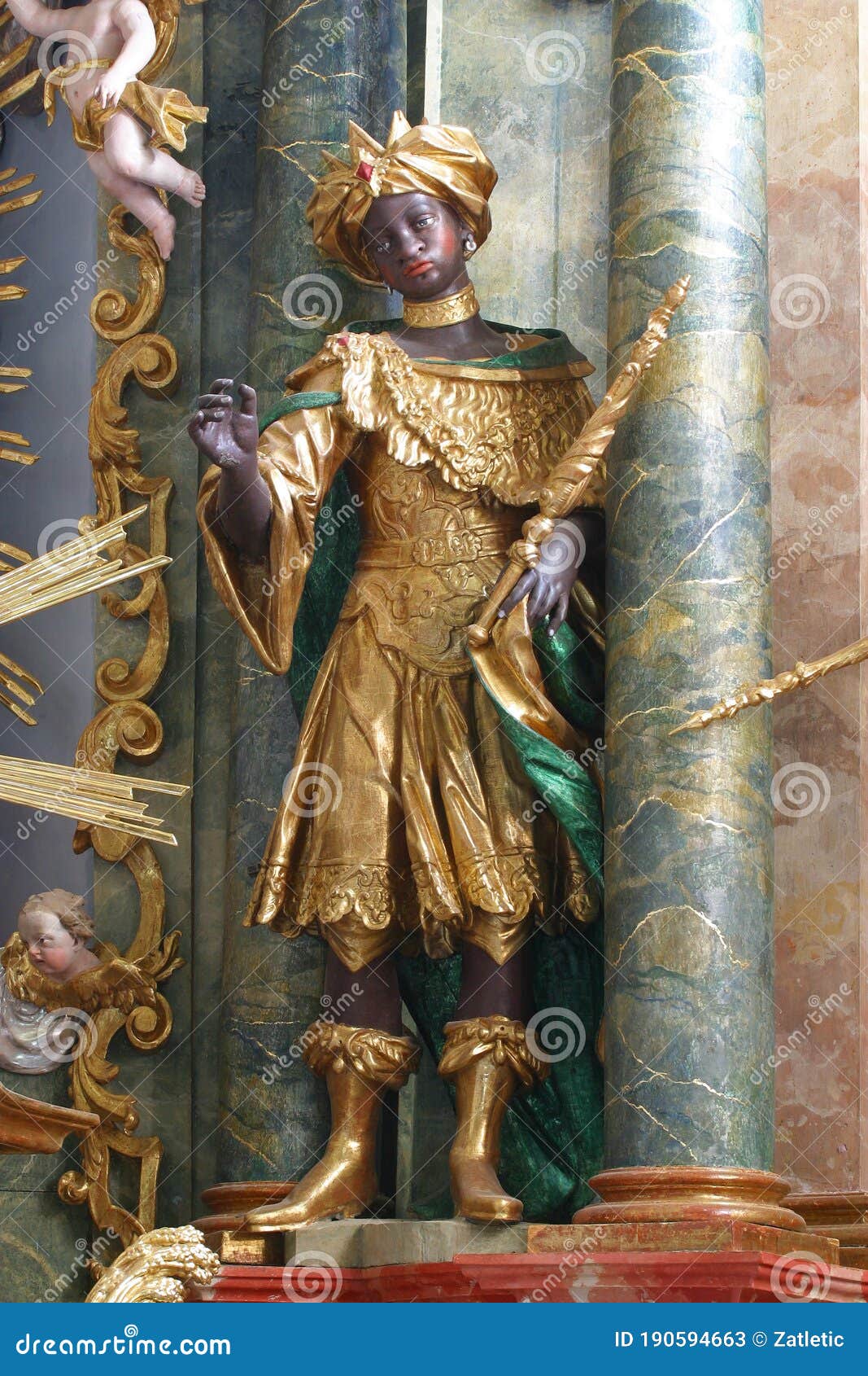 biblical magi balthazar statue on the altar in the church of our lady of the snow in belec, croatia