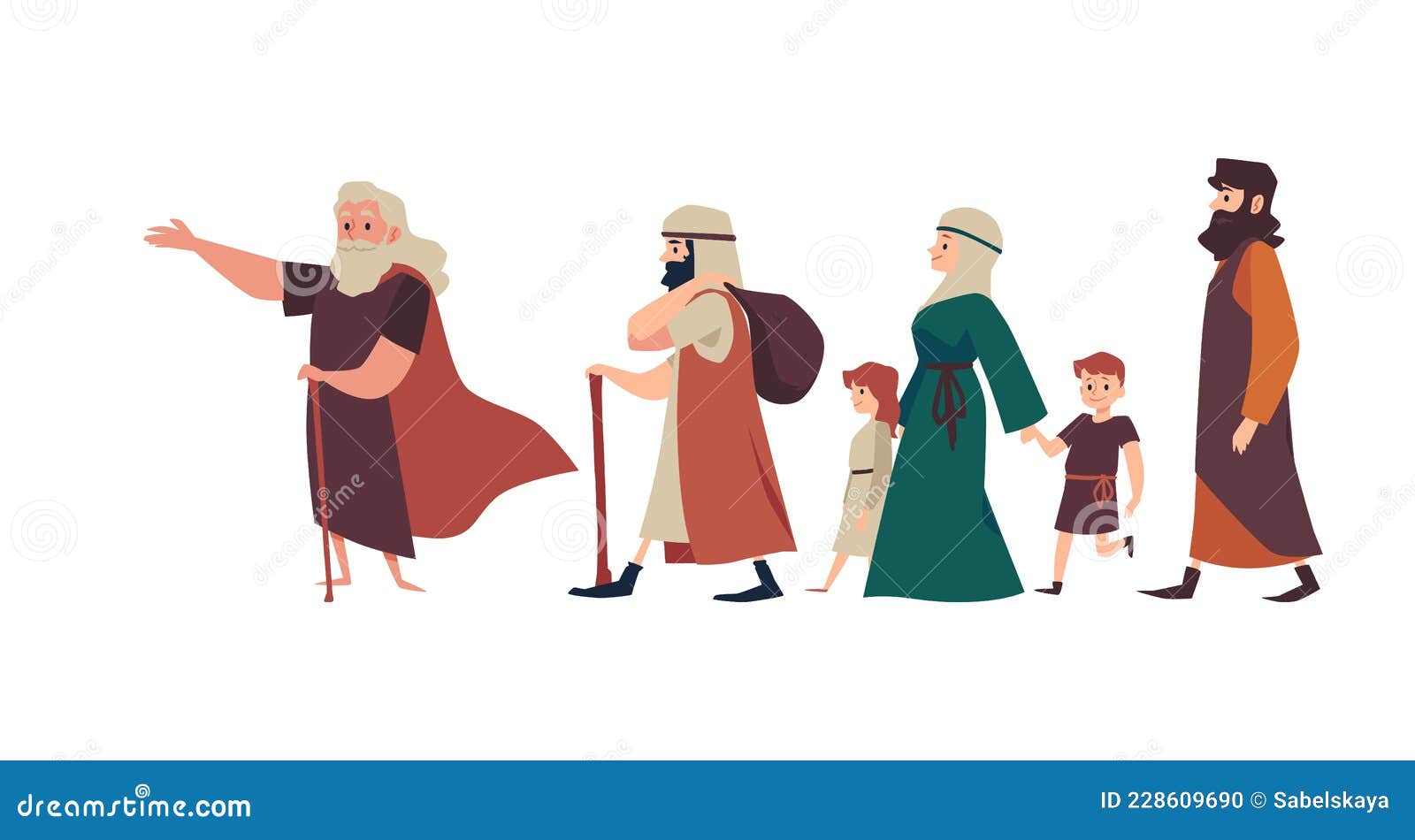 Biblical Moses Leads Jewish People from Egypt, Flat Vector Illustration