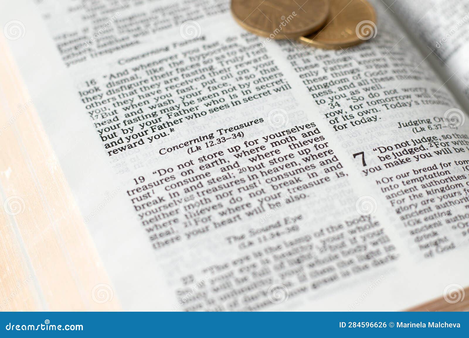 Biblical Verses Concerning Treasures in Open Holy Bible with Golden ...