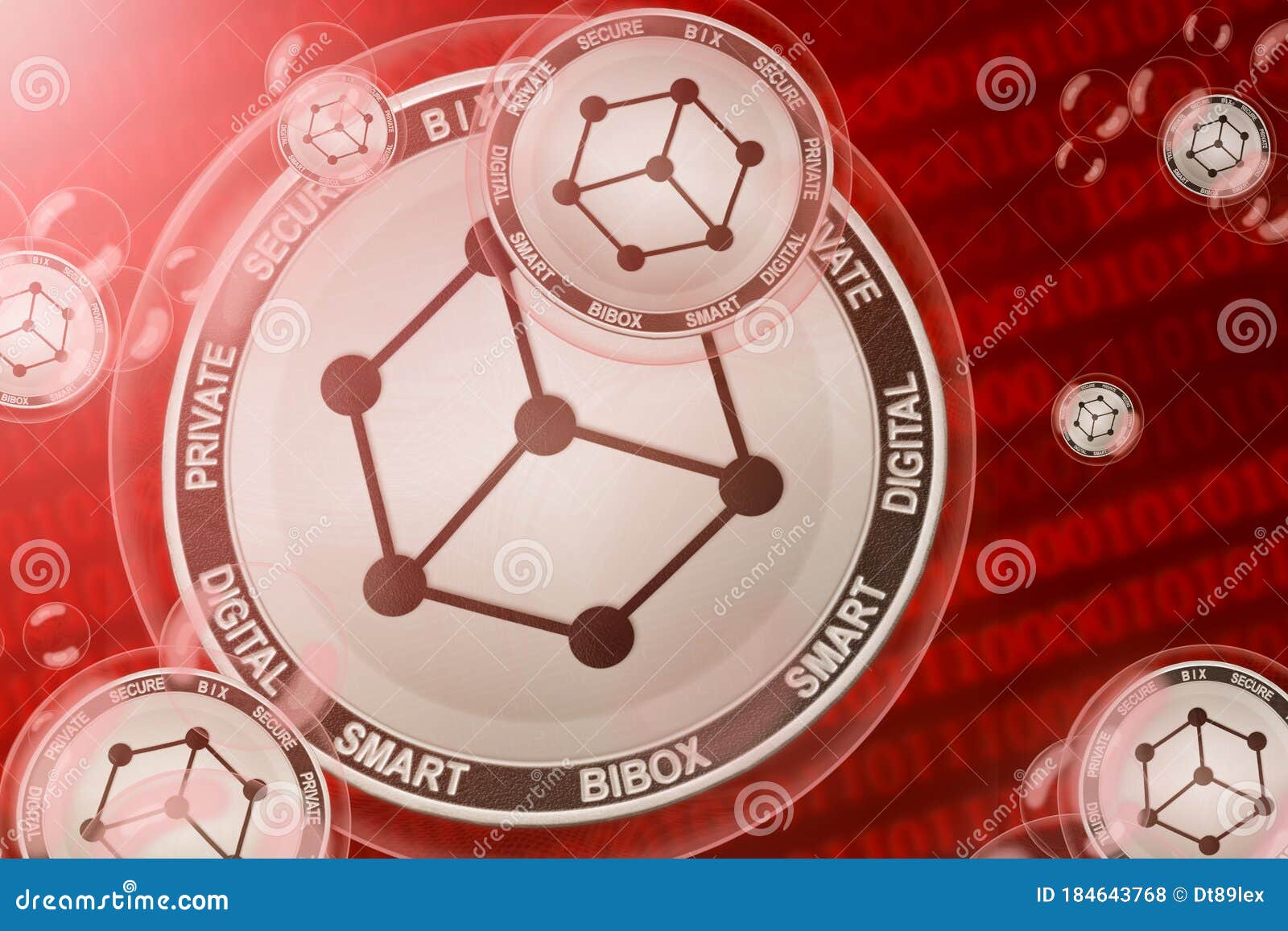 bibox token crash, bubble. bibox token bix cryptocurrency coins in a bubbles on the binary code background
