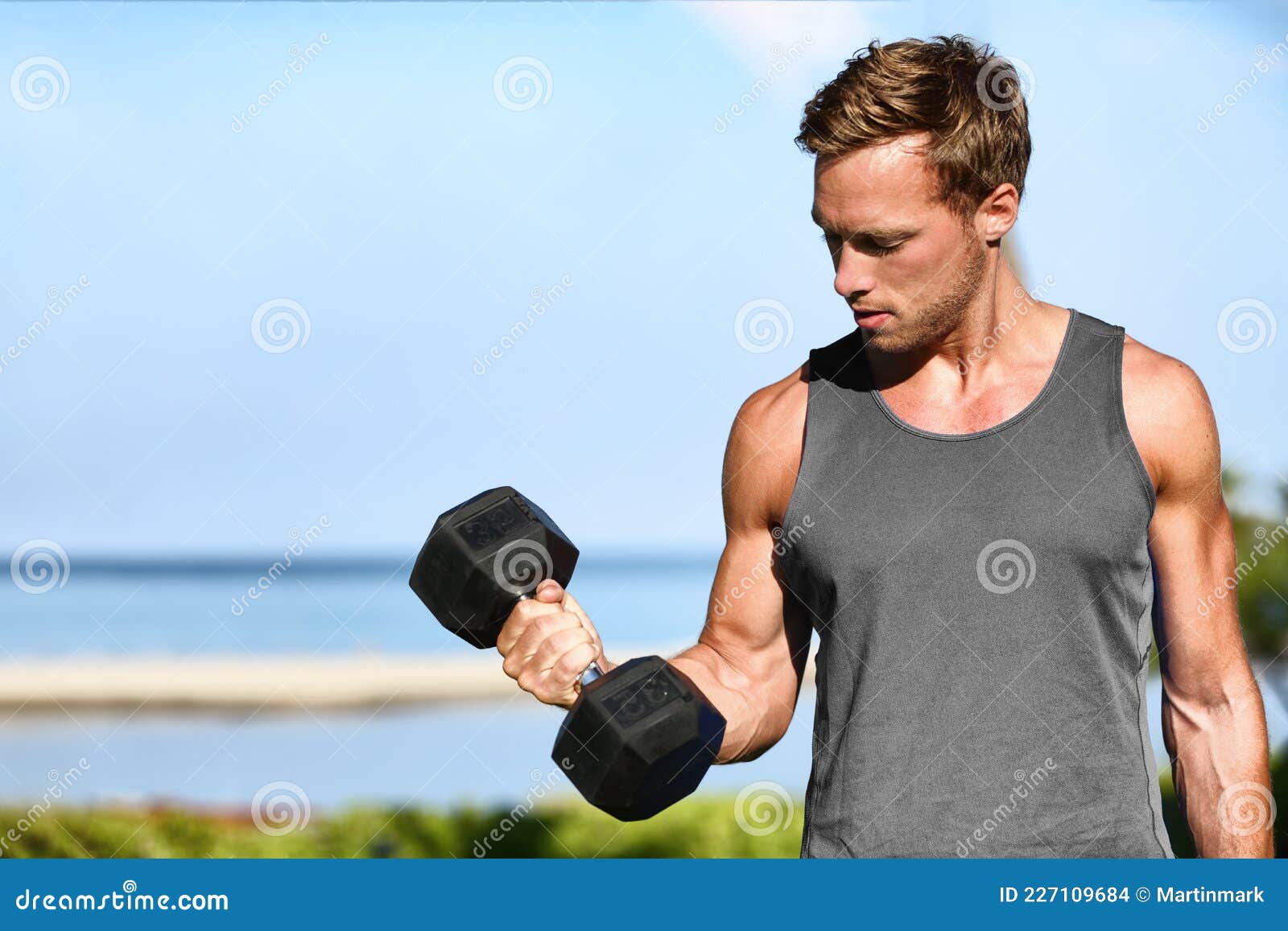 Bicep Curl Free Weights Training Fitness Man Outside Working Out Arms  Lifting Dumbbells Doing Biceps Curls. Fit Man Arm Stock Photo - Image of  summer, fitness: 227109684