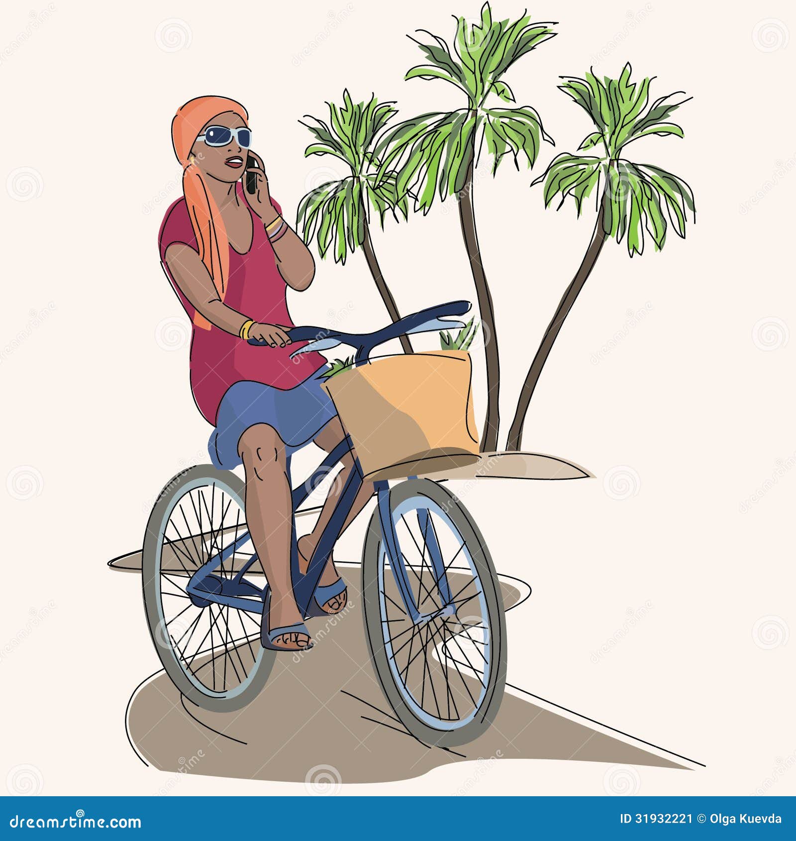 Bicicleta africana da equitação da menina e fala de um telefone. Imagem realística da bicicleta africana e de falar da equitação da menina um telefone isolado no fundo claro