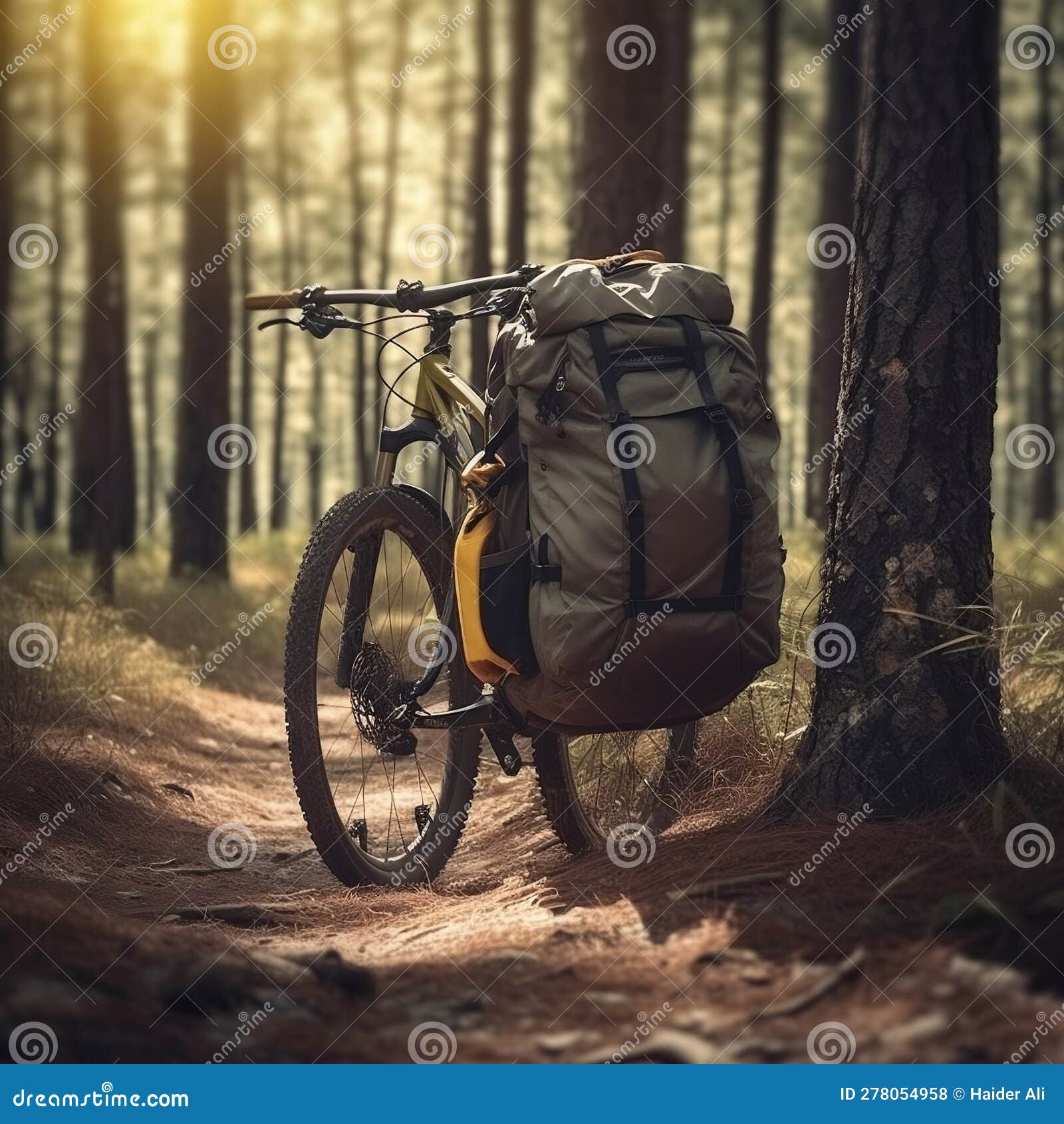 Bicicleta de montaña con mochila de pie cerca de un árbol en la jungla ia  generativa