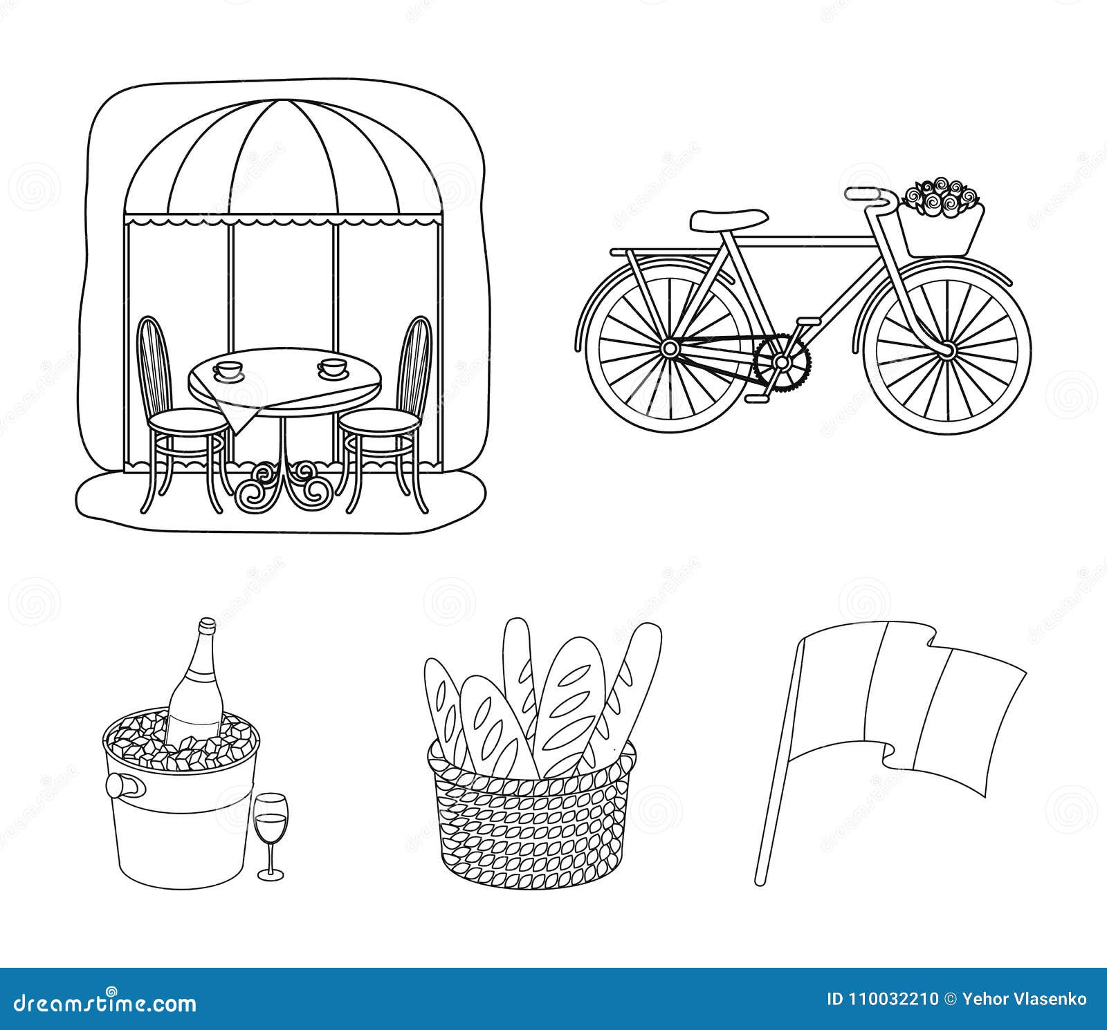 Bicicleta, transporte, vehículo, café Los iconos determinados de la colección del país de Francia en estilo del esquema vector el ejemplo común del símbolo