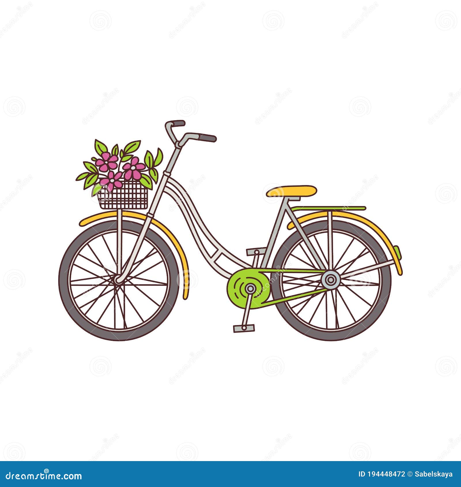 Bicicleta Vintage Con Ramo De Flores En Una Cesta Aislada De Fondo Blanco  Ilustración del Vector - Ilustración de paseo, hermoso: 194448472