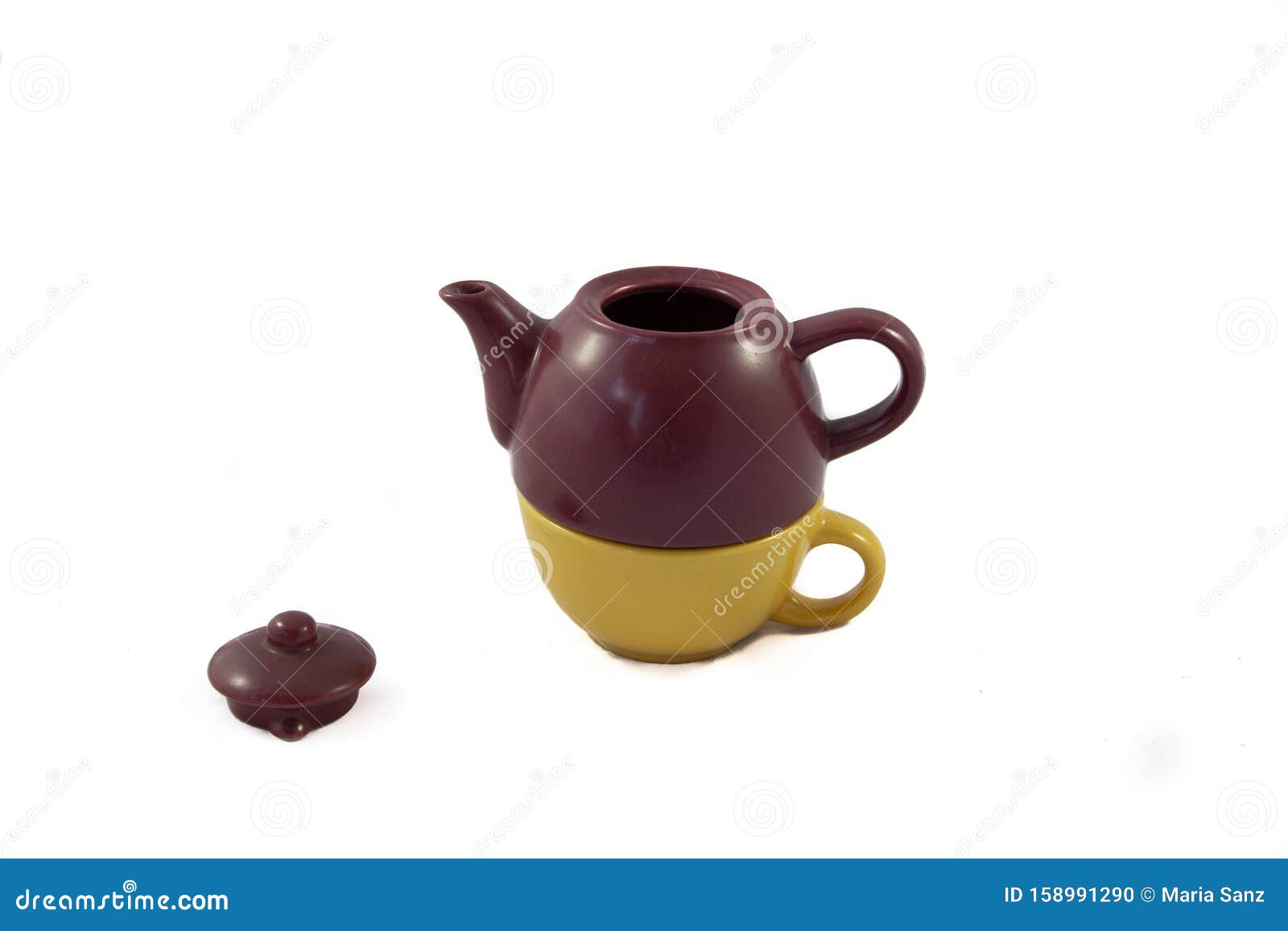 bicolor ceramic teapot on white background.