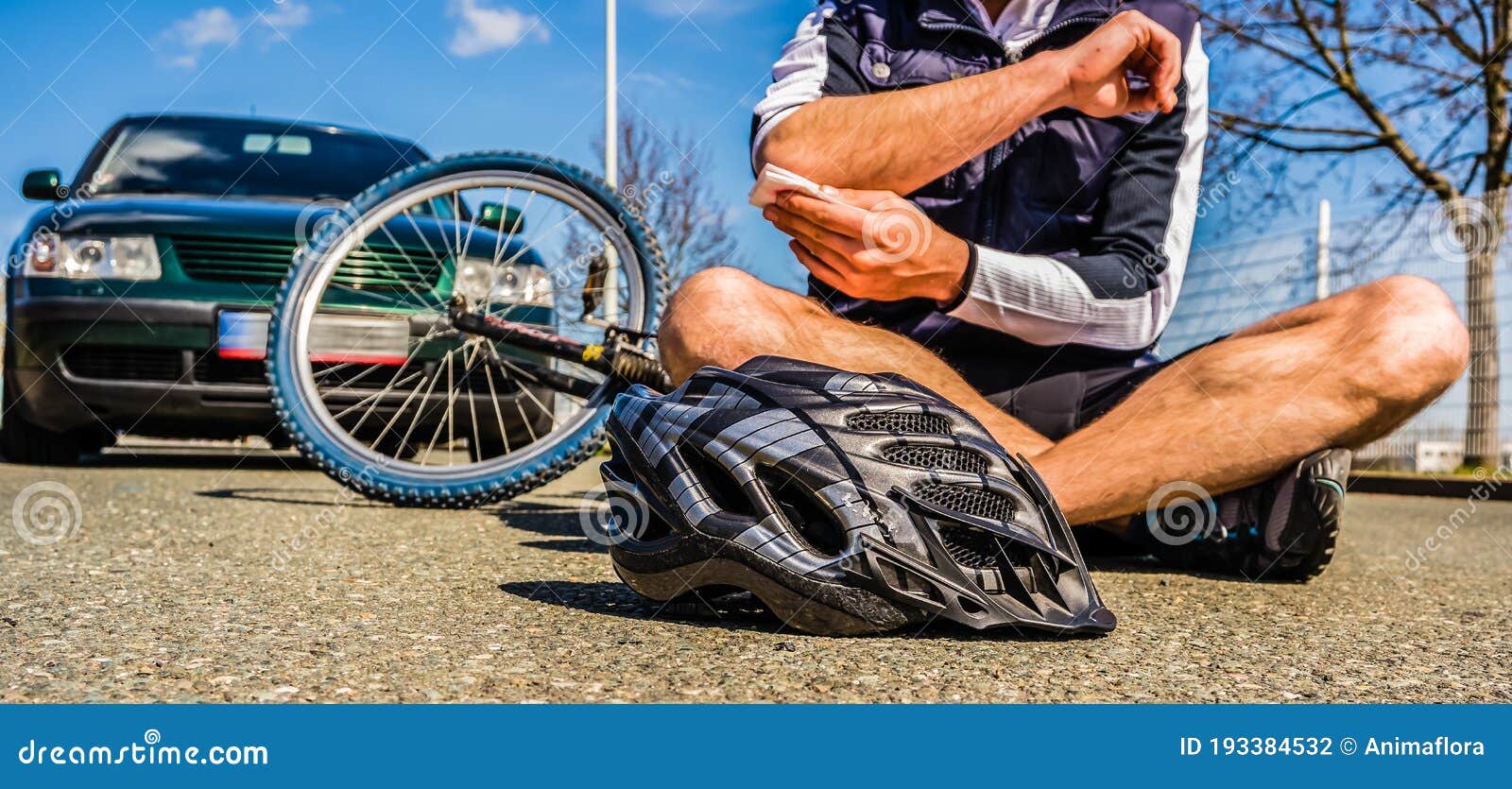 Bicycle accident injury stock photo. Image of crash 193384532
