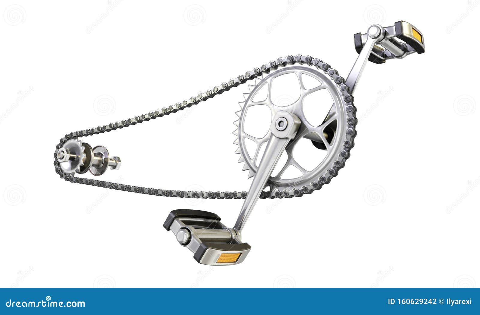 Bicycle Chain with Pedals Close Up Isolated on White Background. 3d