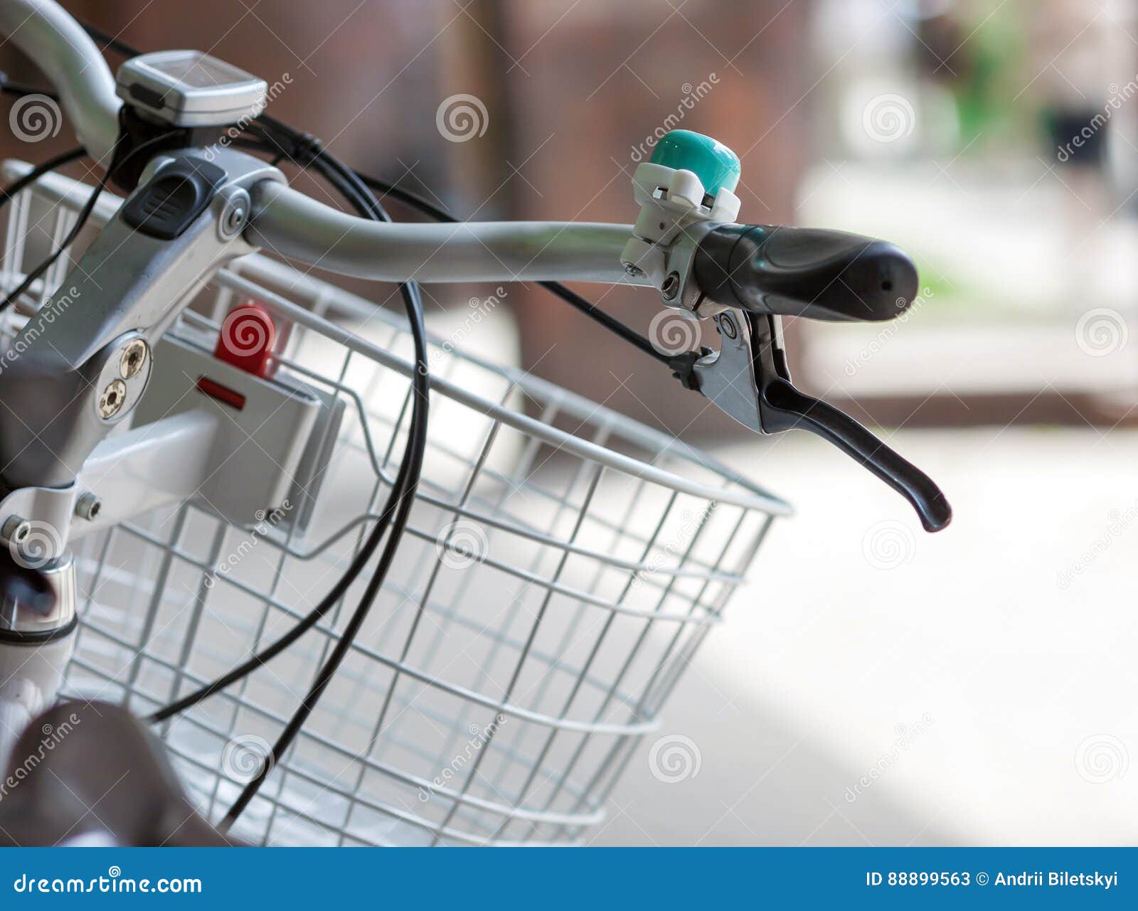 Bicycle Handle with a Bell and a Basket Closeup Stock Image Image of