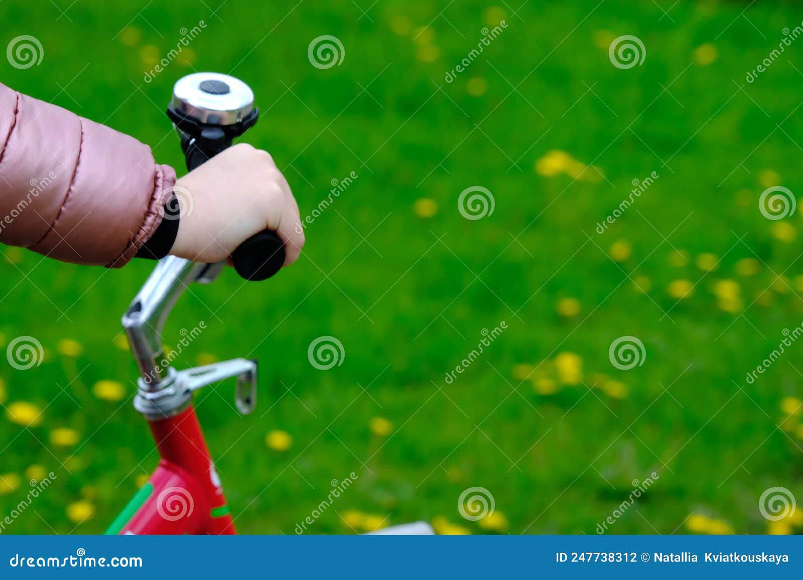 bicycle handlebar in the hands of a rebec on a blurred background of grass with space for text