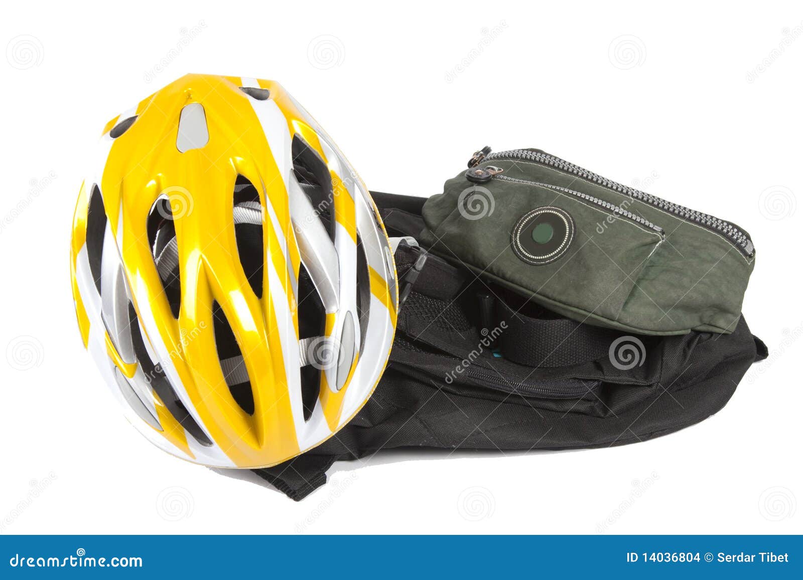 Bicycle helmet and bags stock photo. Image of expedition 14036804