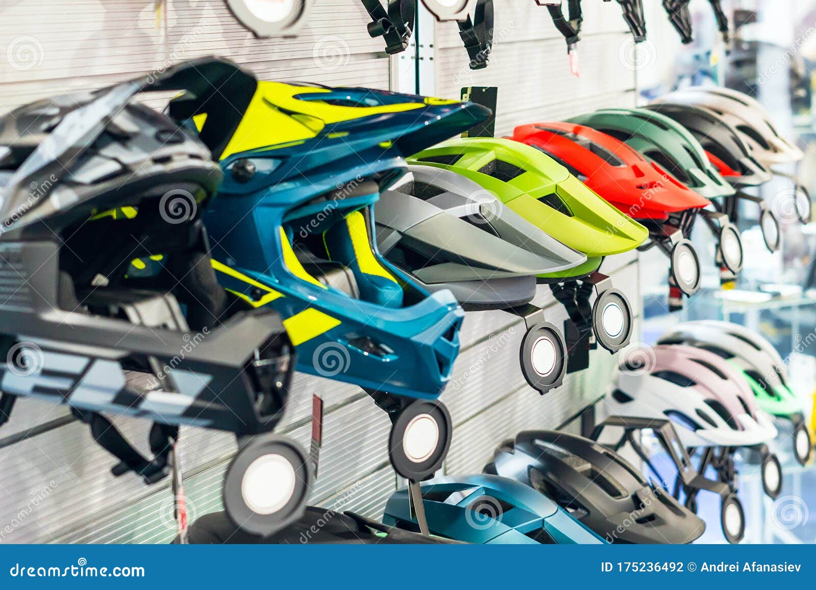 Bicycle Helmets on the Counter in the Bike Shop Stock Photo Image of