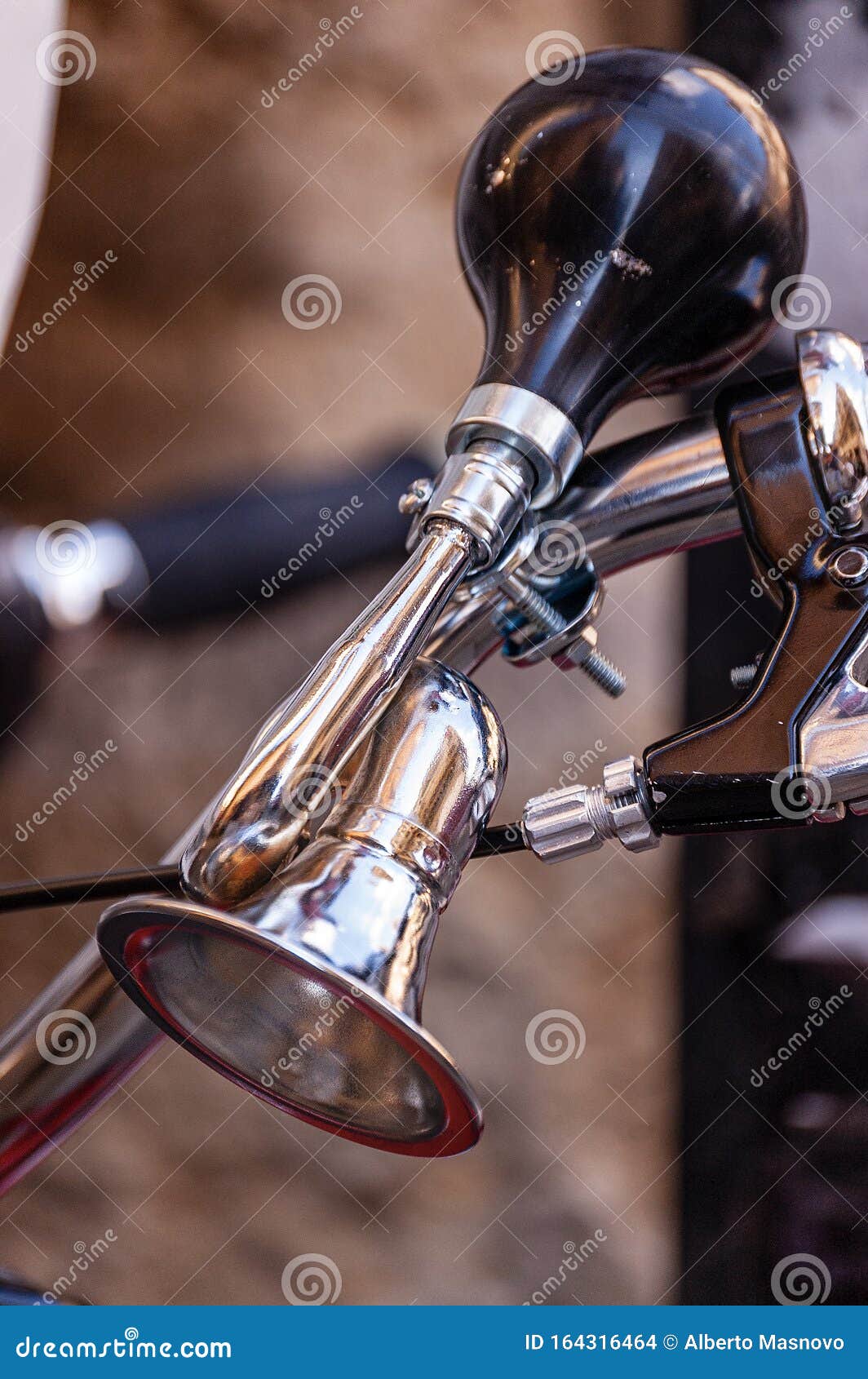 Bicycle Horn on the Handlebar Small Chromed Trumpet Stock Photo Image of handlebar
