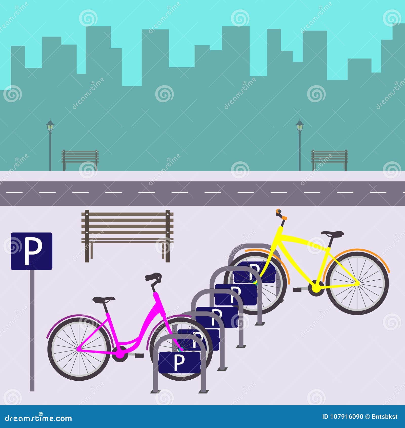 Bicycle Parking on a City Street. Two Bicycles at Parking. Vector ...