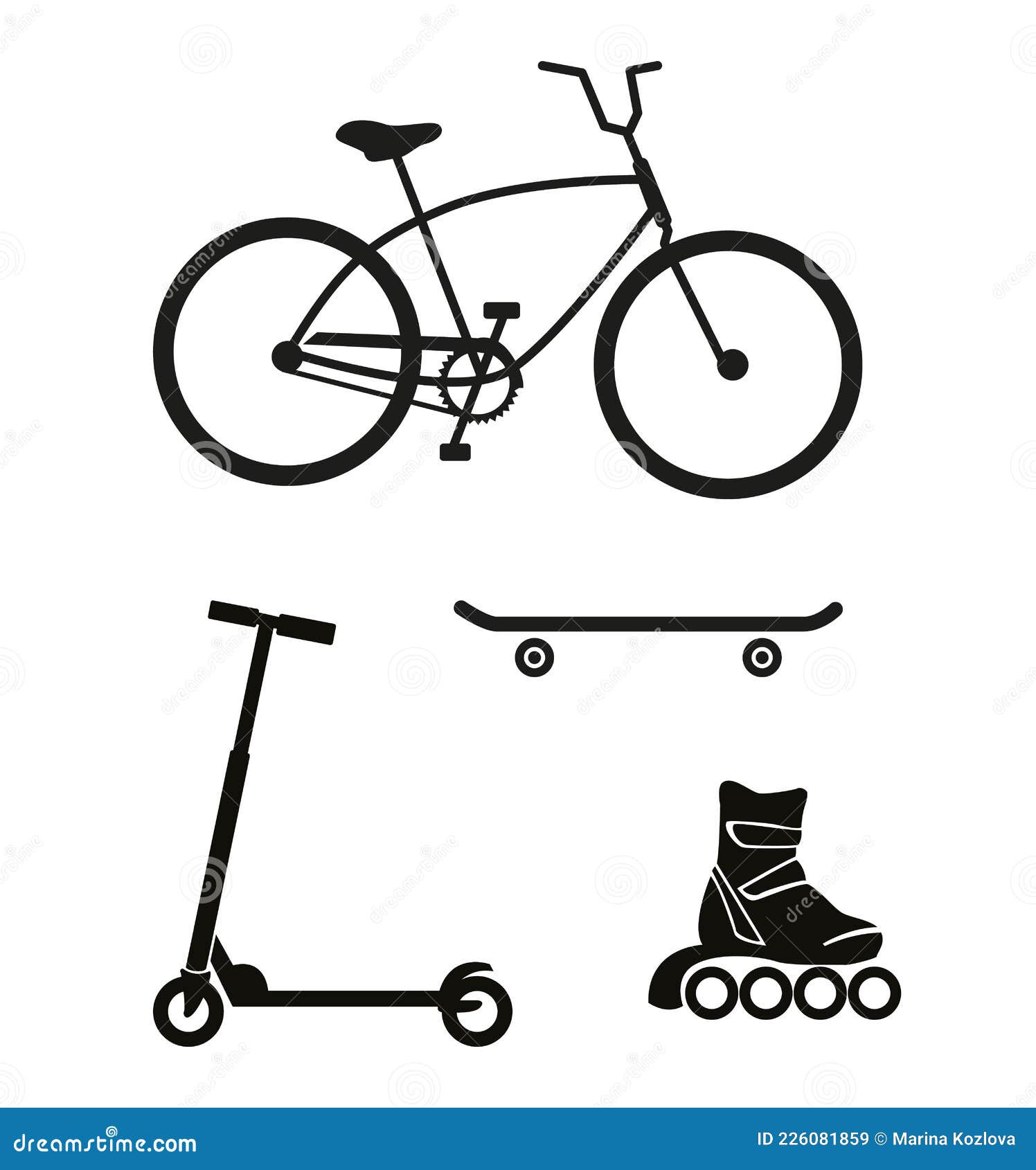 Bicycle, Skateboard, Roller Skate, Scooter - Wheeled Devices for Sport and Recreation Stock Vector - Illustration background, bicycle: 226081859