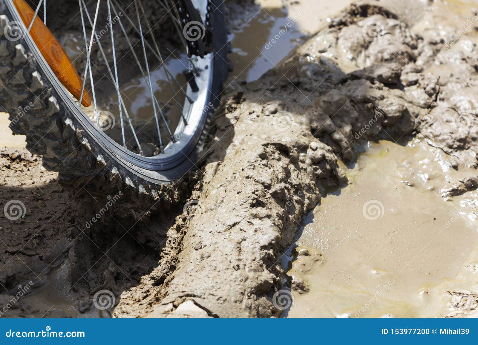 The Bicycle Wheel is Stuck in the Mud. Close Up Stock Photo Image of