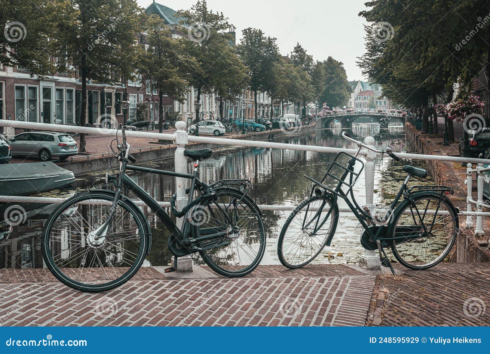 bicycles and typical dutch houses in leiden, netherlands