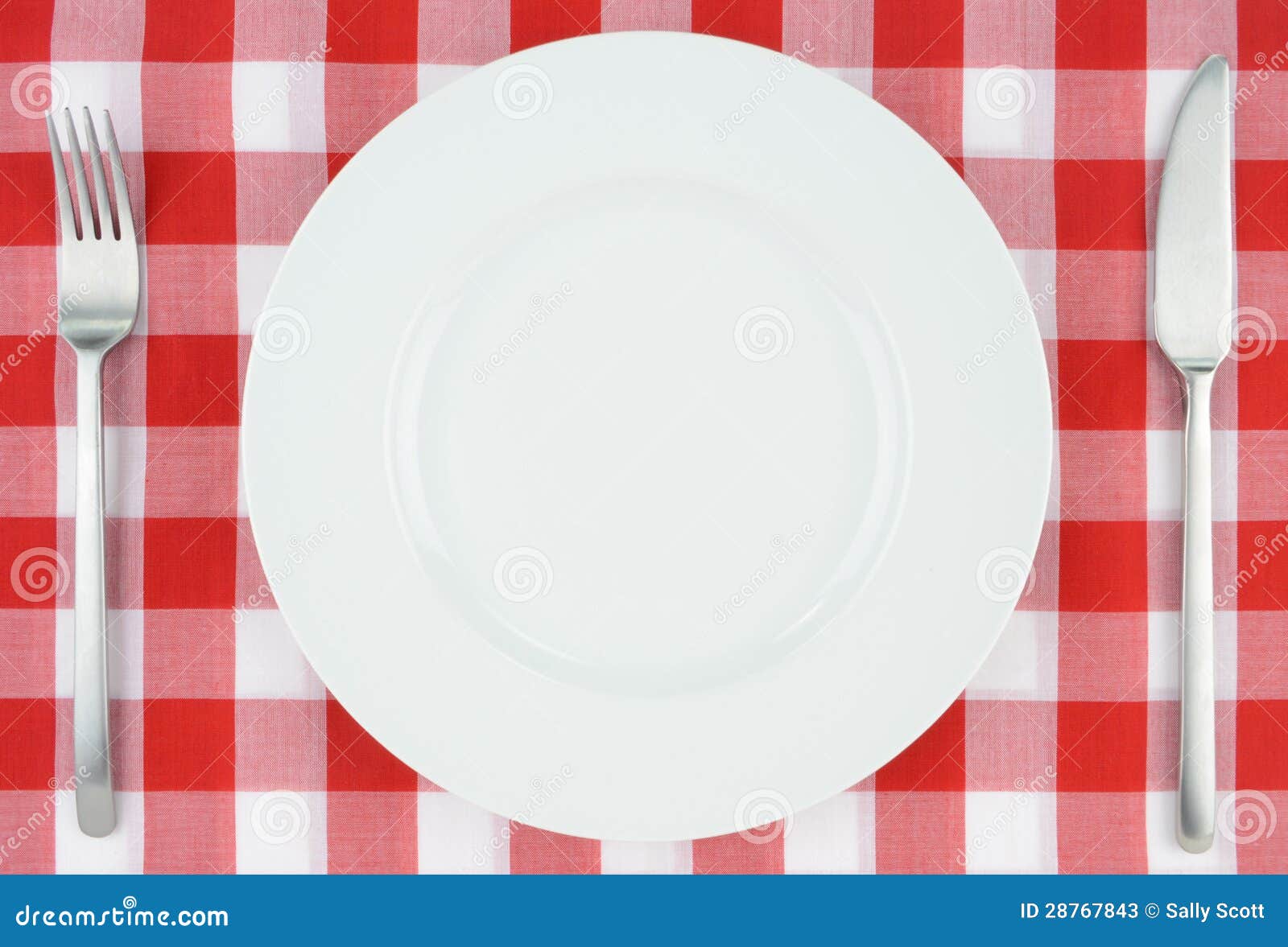 Bielu talerz na czerwonym i białym w kratkę płótnie. Bielu talerz z nożem i rozwidlenie na w kratkę płótnie czerwonym i białym