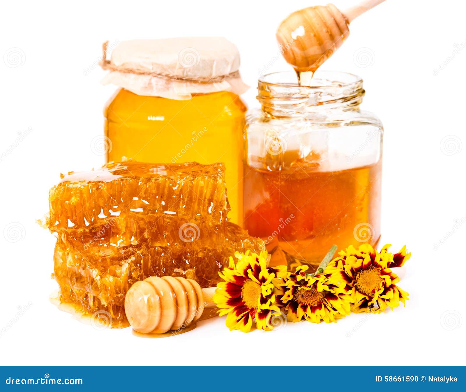 Bienenwabe Und Gläser Honig Mit Dem Stock Und Blumen Lokalisiert Auf W Stockfoto Bild Von