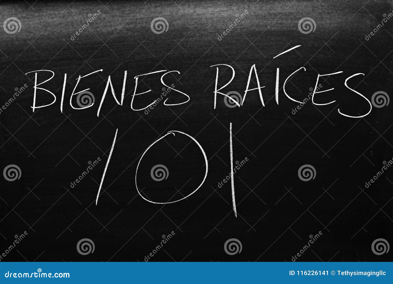 bienes raÃÂ­ces 101 on a blackboard. translation: real estate 101