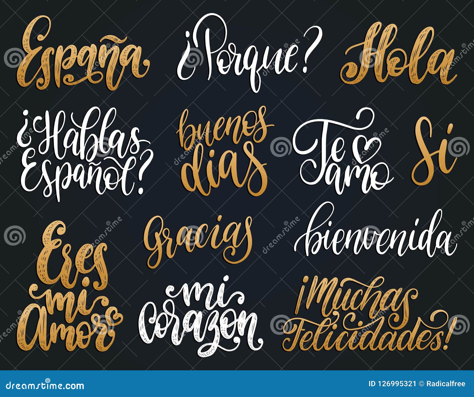 bienvenida, hola, feliz cumpleanos, gracias, espana translated from spanish handwritten phrases welcome, hello etc.
