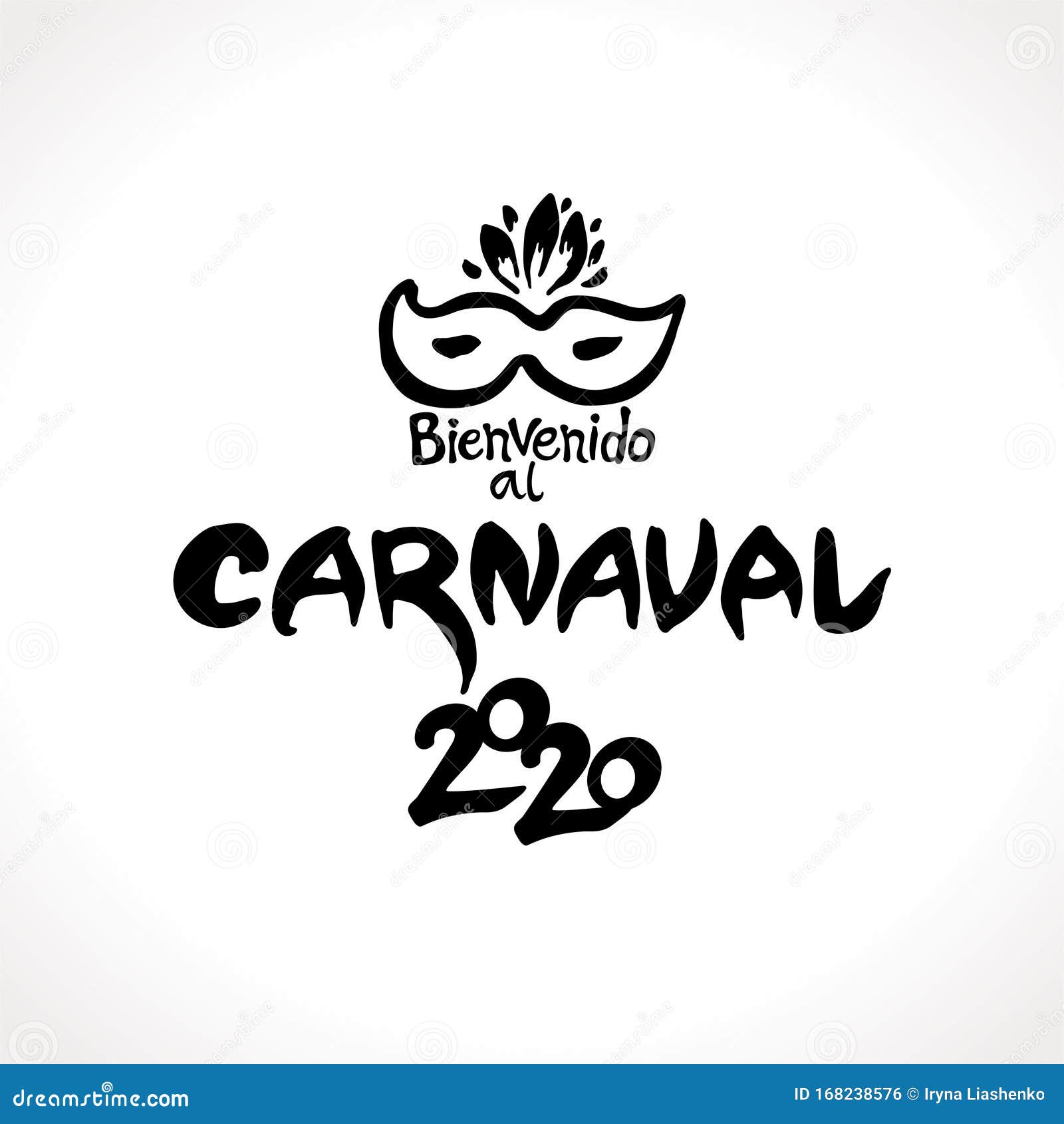 bienvenido al carnaval. 2019. logo in spanish. translated as welcome to carnival.  handwritten logo with mask.