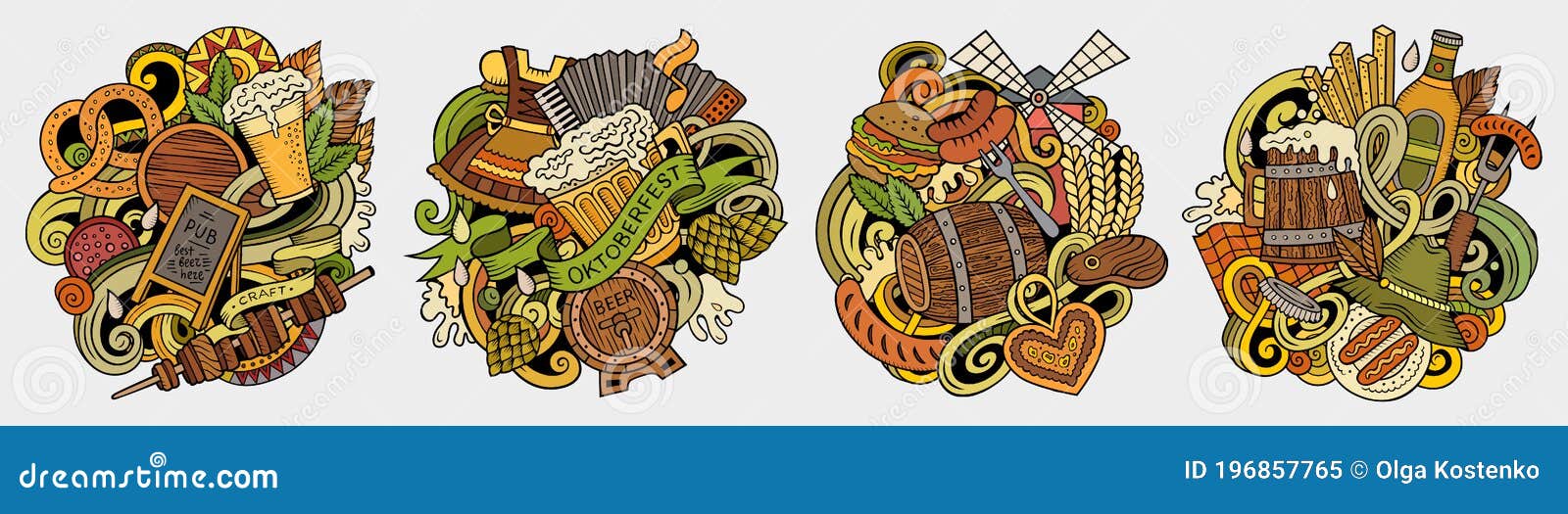 Bier Festkarikaturvektorgekritzel-Entwurfssatz Bunte detaillierte Zusammensetzungen mit Los Objekten und Symbolen Oktoberfest Lokalisiert auf weißen Abbildungen Lebensmittel- und Getränkfahne